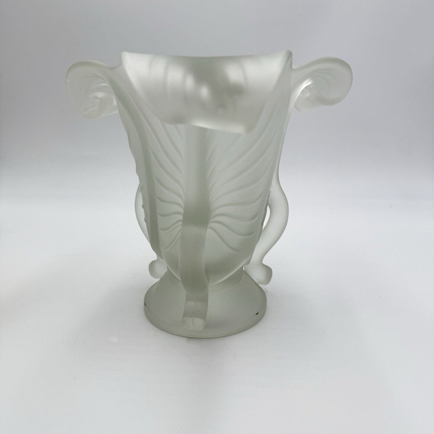 MCM Frosted Satin Art Glass 3 Leaf Pedestal ART NOUVEAU 3 Handle VASE 7” H