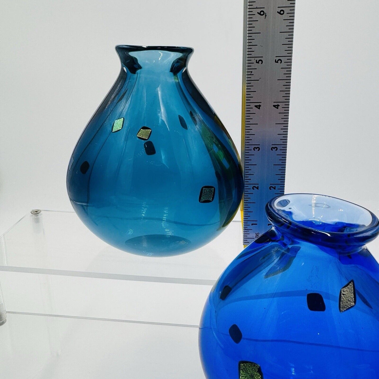 Pair Studio Art Glass Vases Cobalt Blue Gold Black Specks Signed Sharon Fujimoto