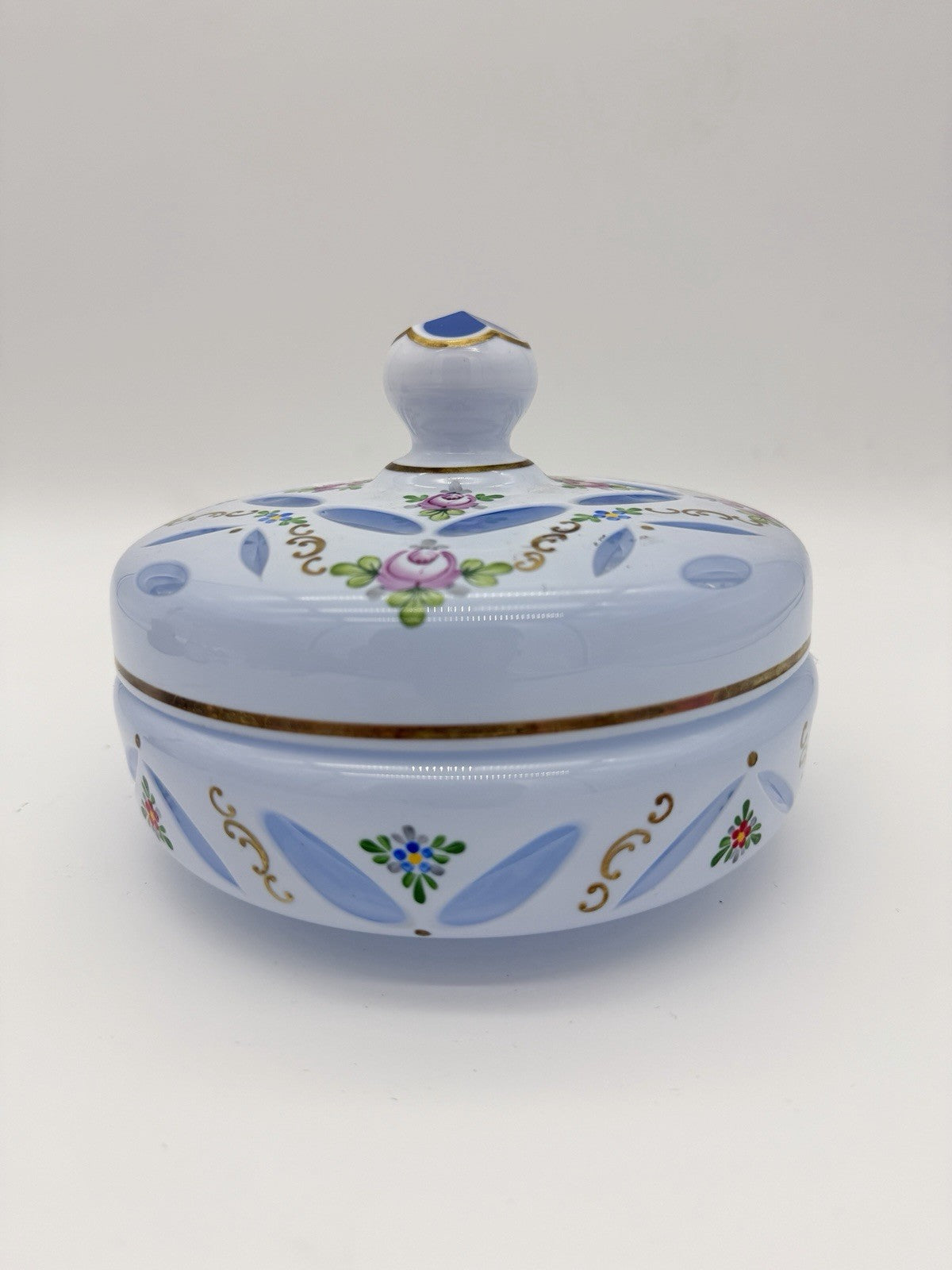 Czech Bohemian Baby Blue Cased to Blue Art Glass Lidded Candy Dish Large 6”x5”
