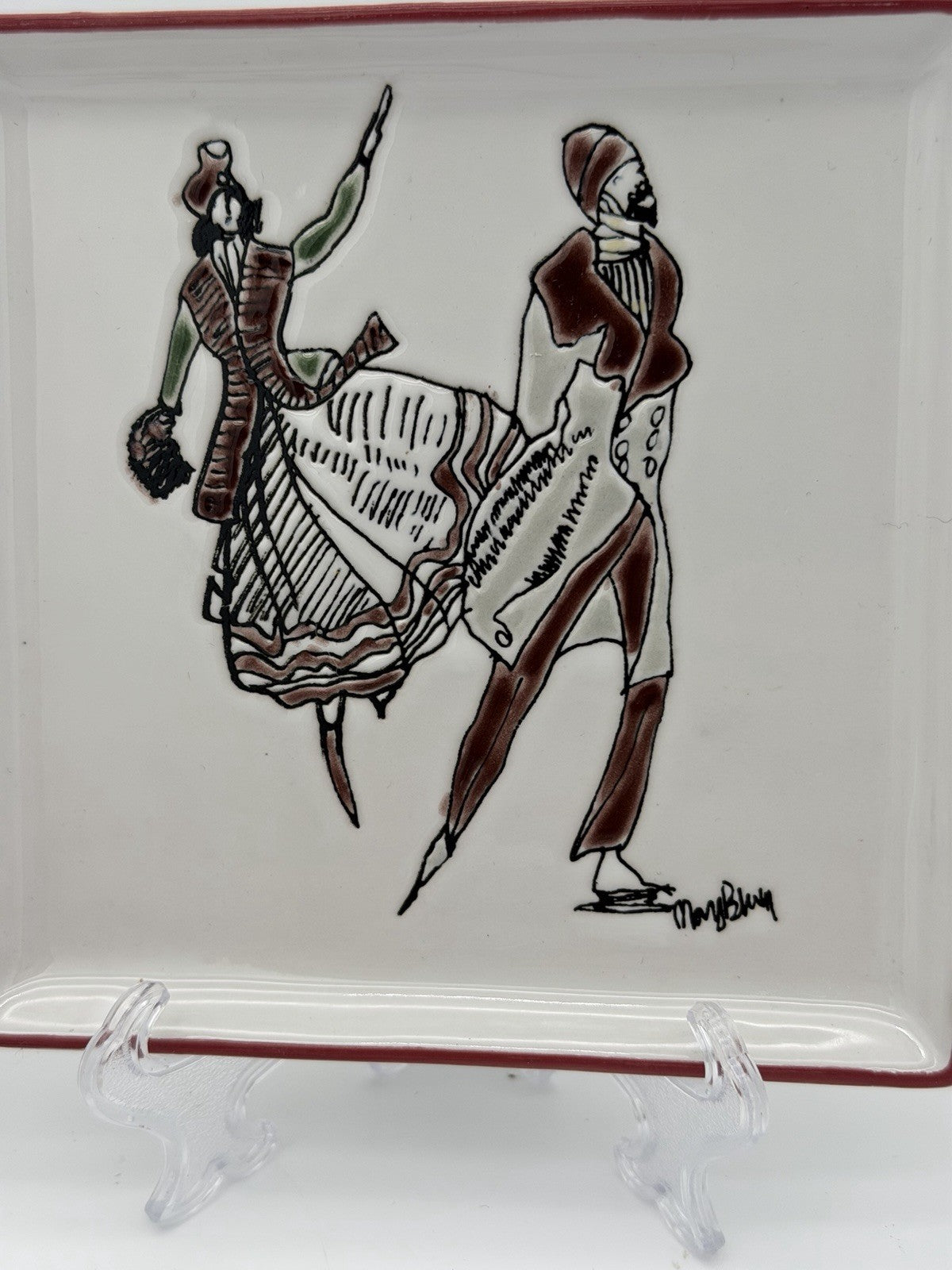 Rare Mary Blair Signed Stoneware Square Skating On Ice Trays Victorian Couples