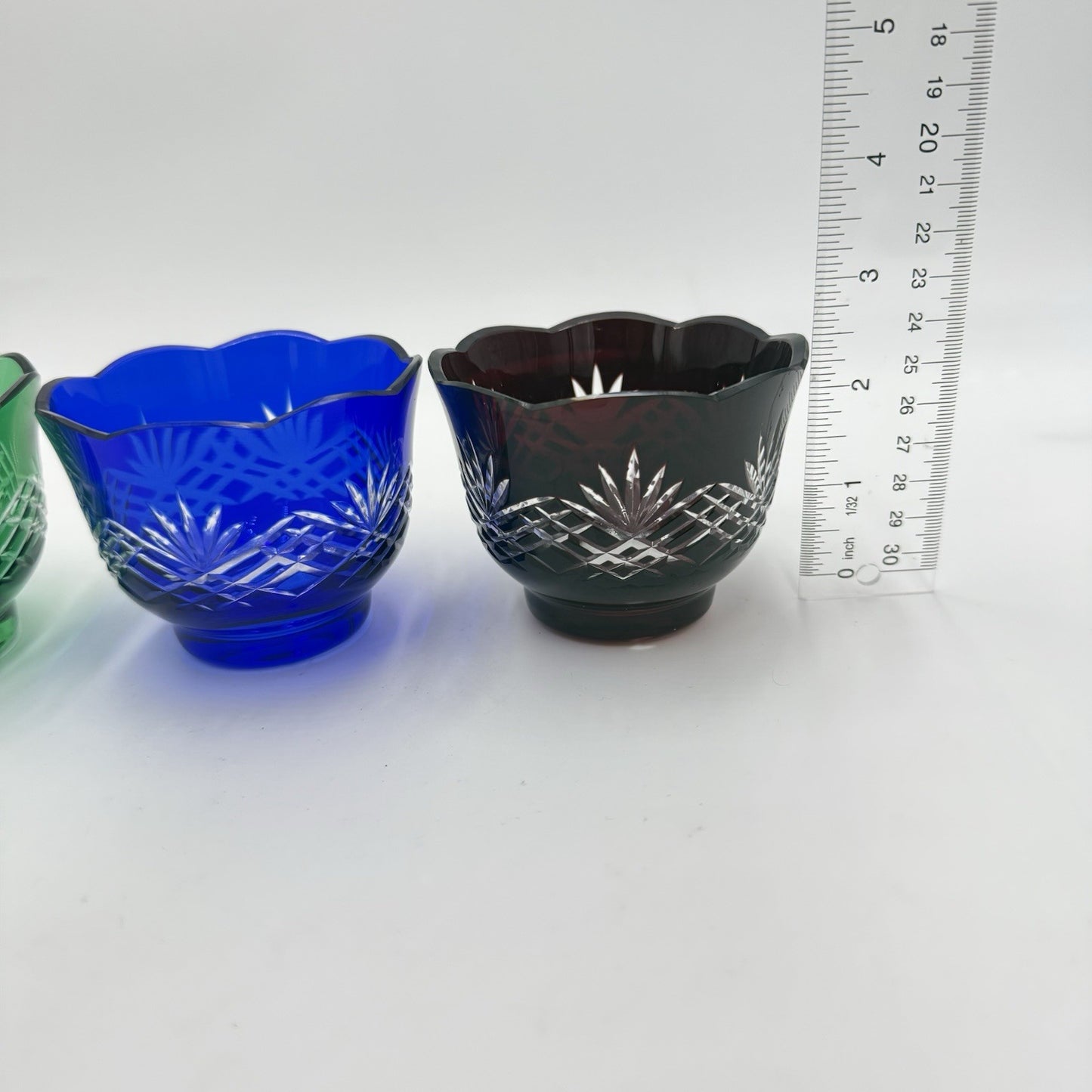 Vtg Bohemian Colored Crystal Cut  Scalloped Edge Votive Green Blue Purple 3 Pcs
