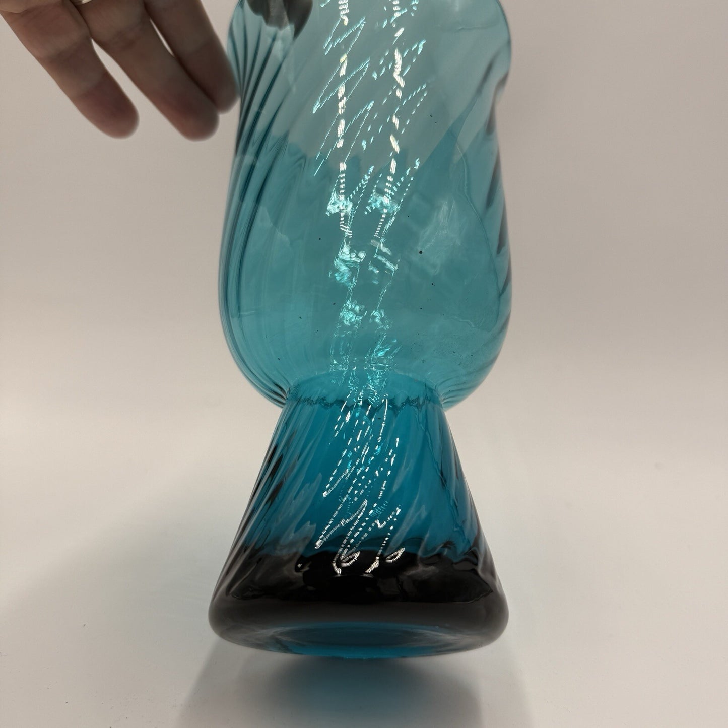 MCM Empoli Italian Handblown Art Glass Swirl Optic Teal Pedestal Vase 8.5in