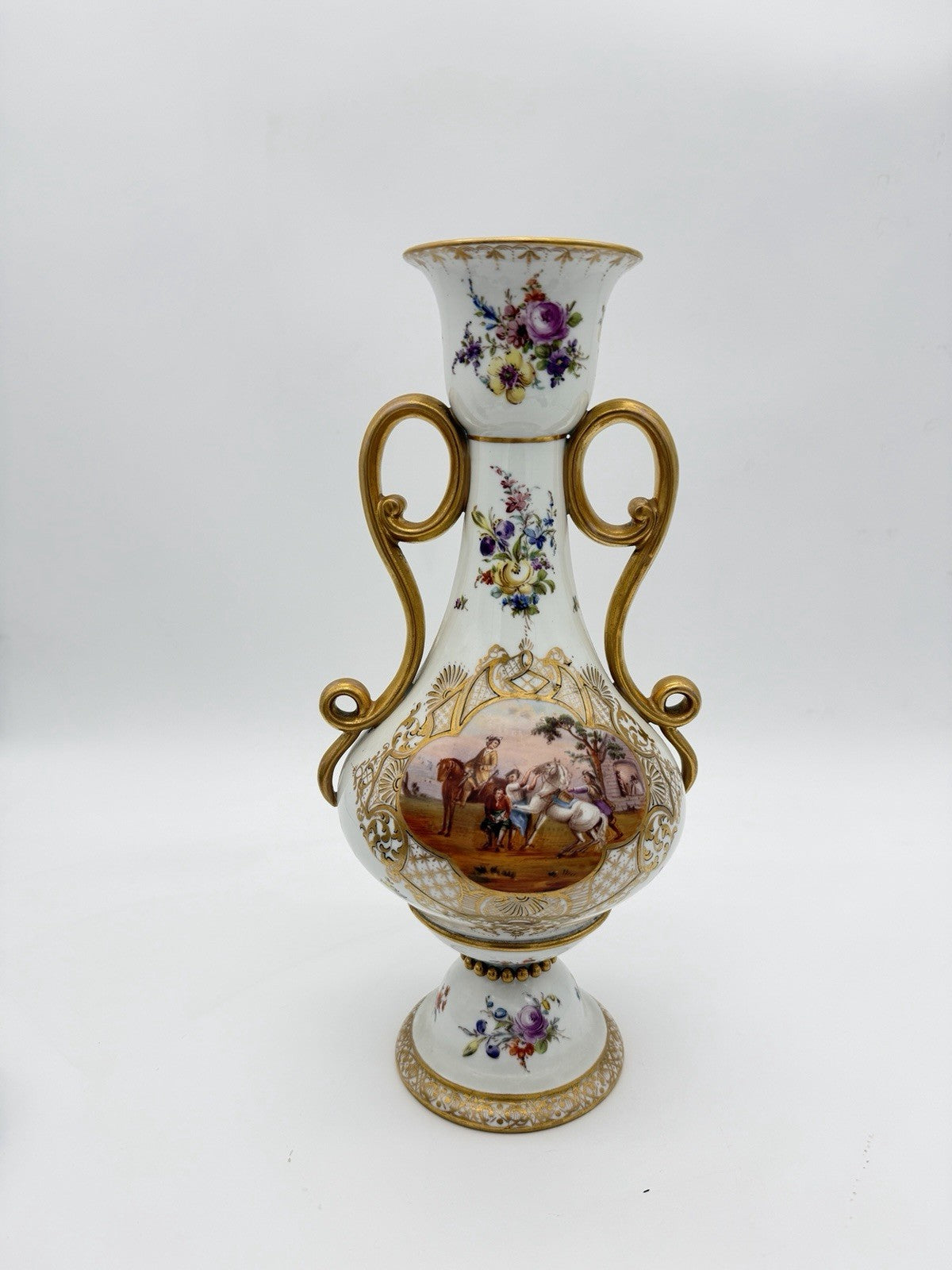 Antique Meissen Porcelain Amphora Double Handle Painted Horses Battle Vase 12”H