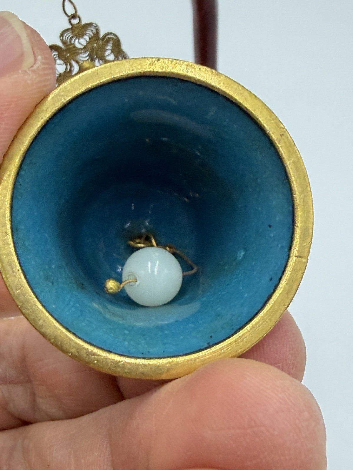 Vtg Chinese Cloisonne Enameled Bell Hanging On Wood Stand 5.75"H White Gold