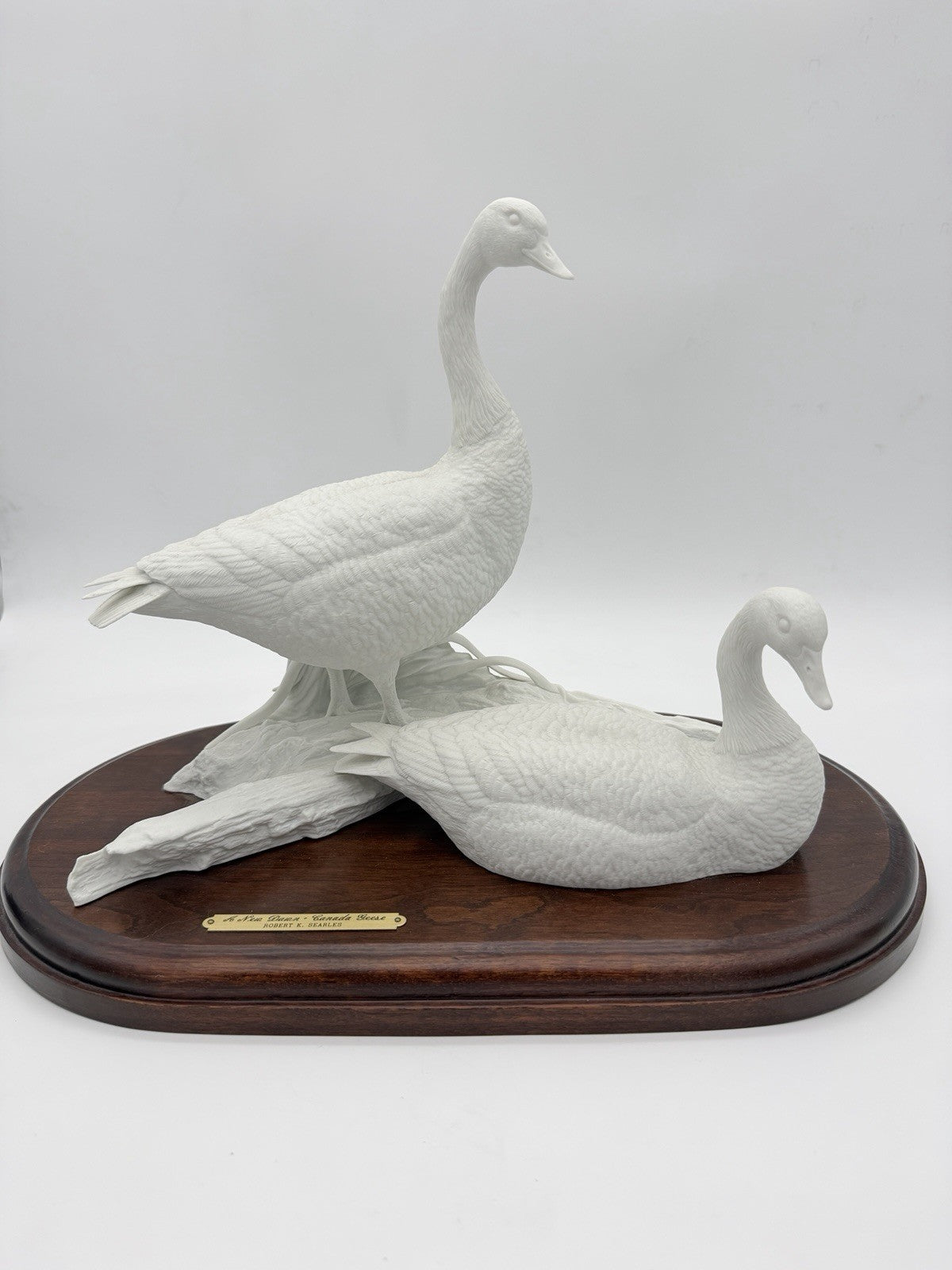 Robert E. Searles white bisque porcelain Canada Geese sculpture A New Dawn wood