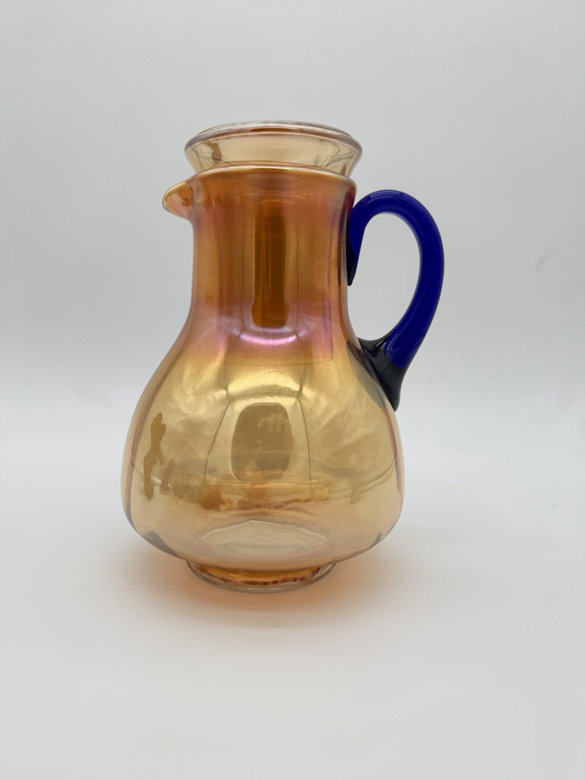 Fenton Art Glass Guest Tumble Up carnival pitcher marigold cobalt blue handle