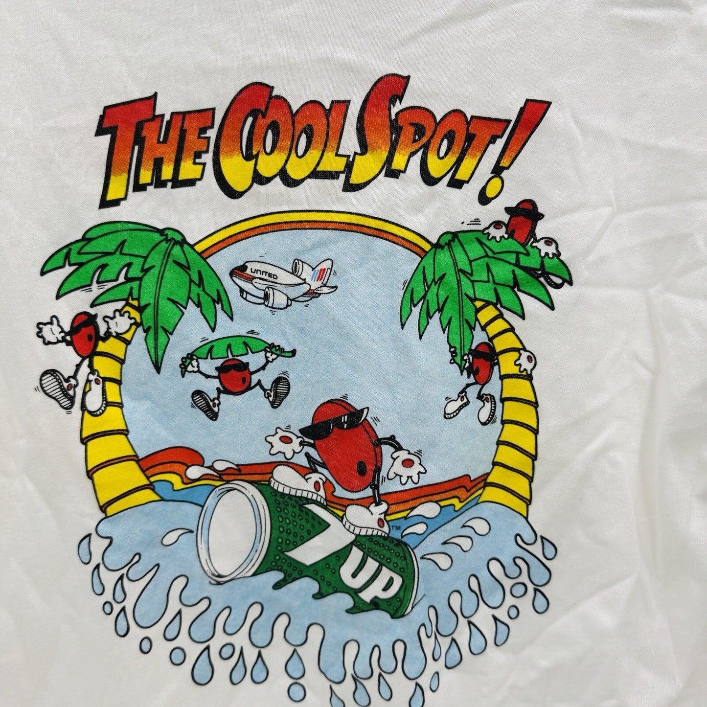 7 UP Single Stitch Surfing Soda T Shirt Size L COOL SPOT White USA Made Vintage