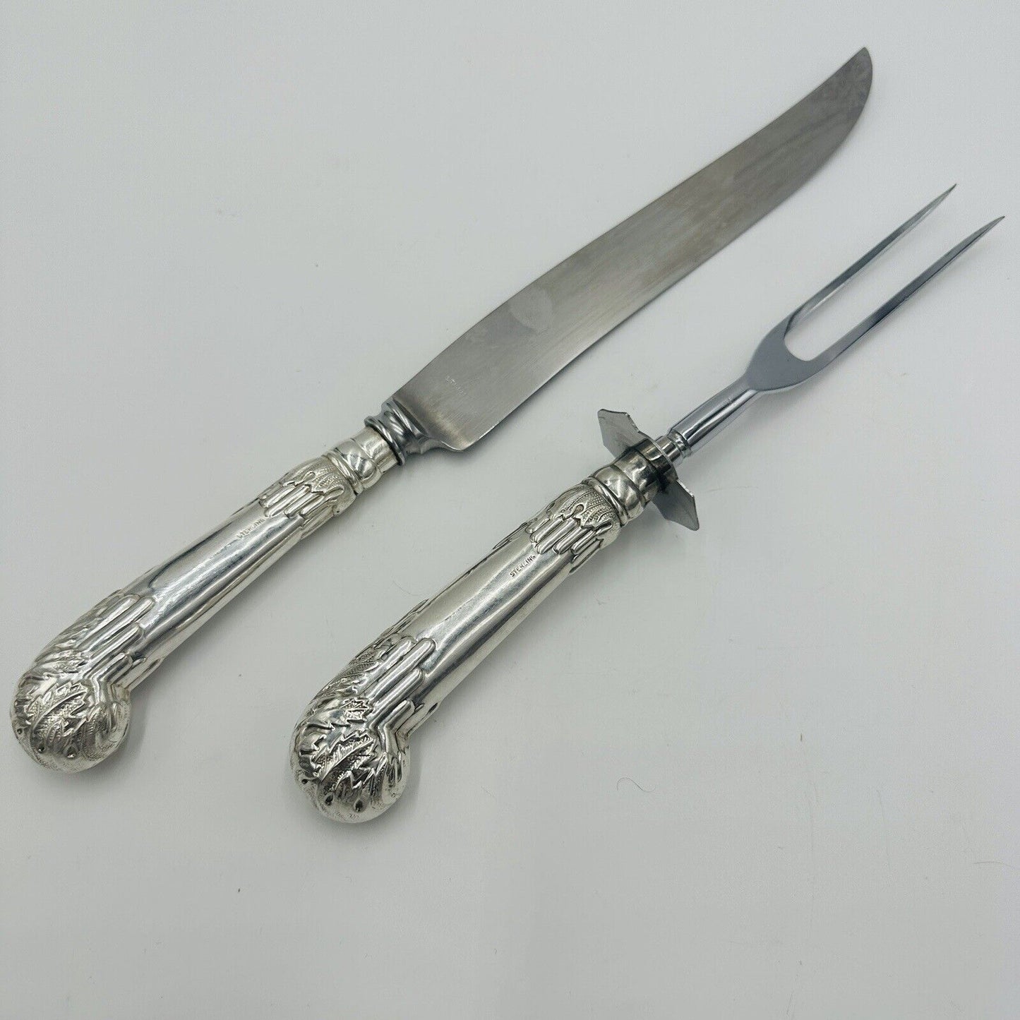 Ambassador Sheffield Knife & Fork Set UK Sterling Silver Handles Carving Art De