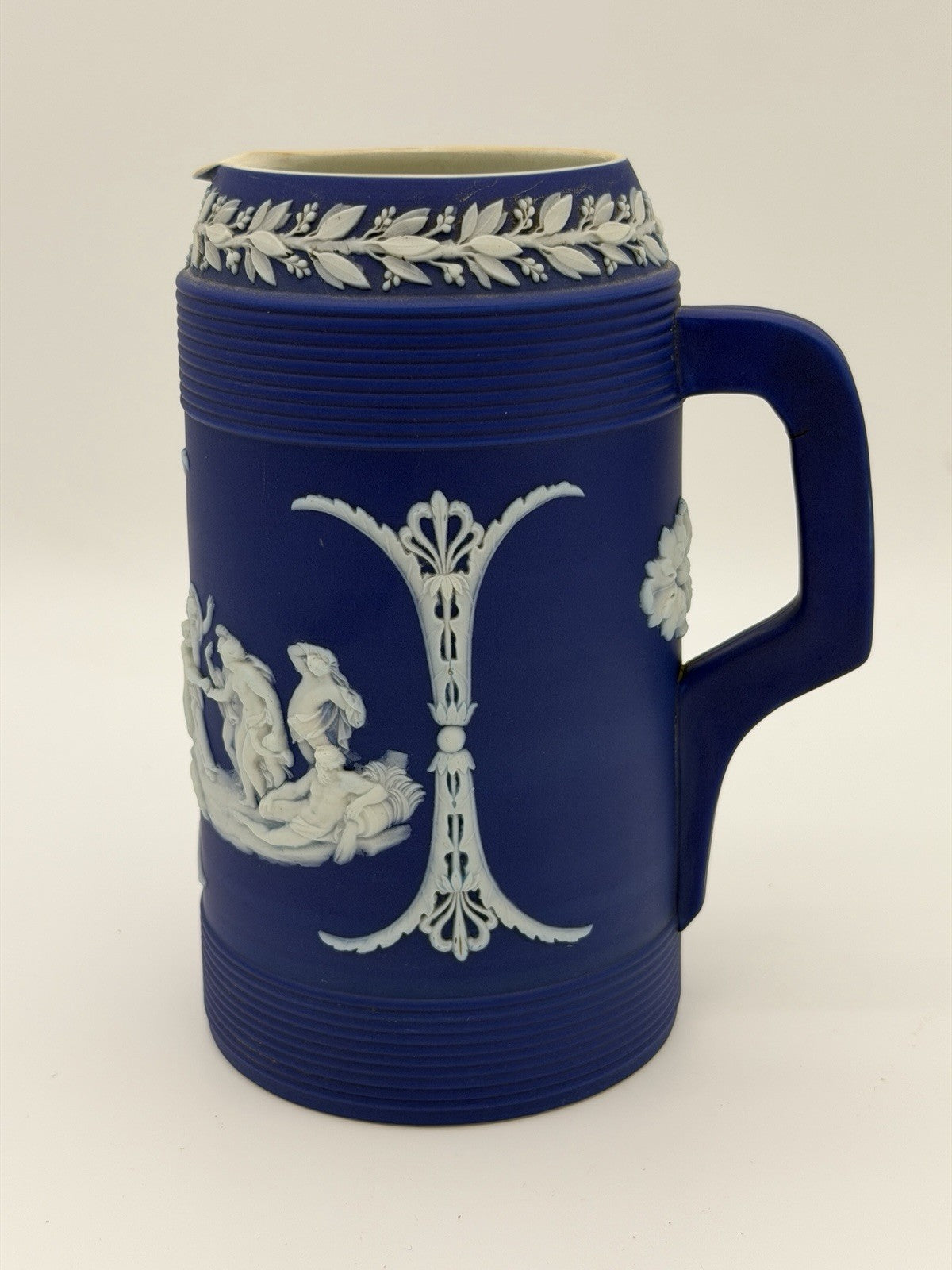 Antique Wedgwood Jasperware Dipped Blue Pitcher 7.5” Trojan Jug England Large