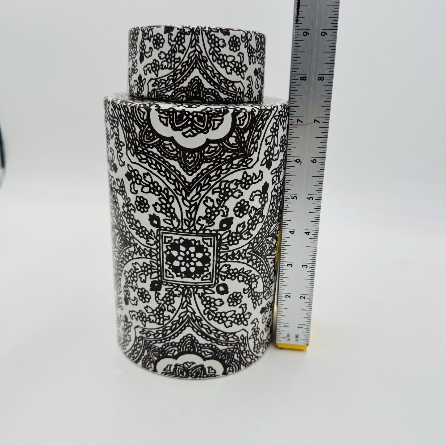 Pottery Barn Ceramic Brown/ White Floral Paisley Decor Canister Ginger Jar 9in