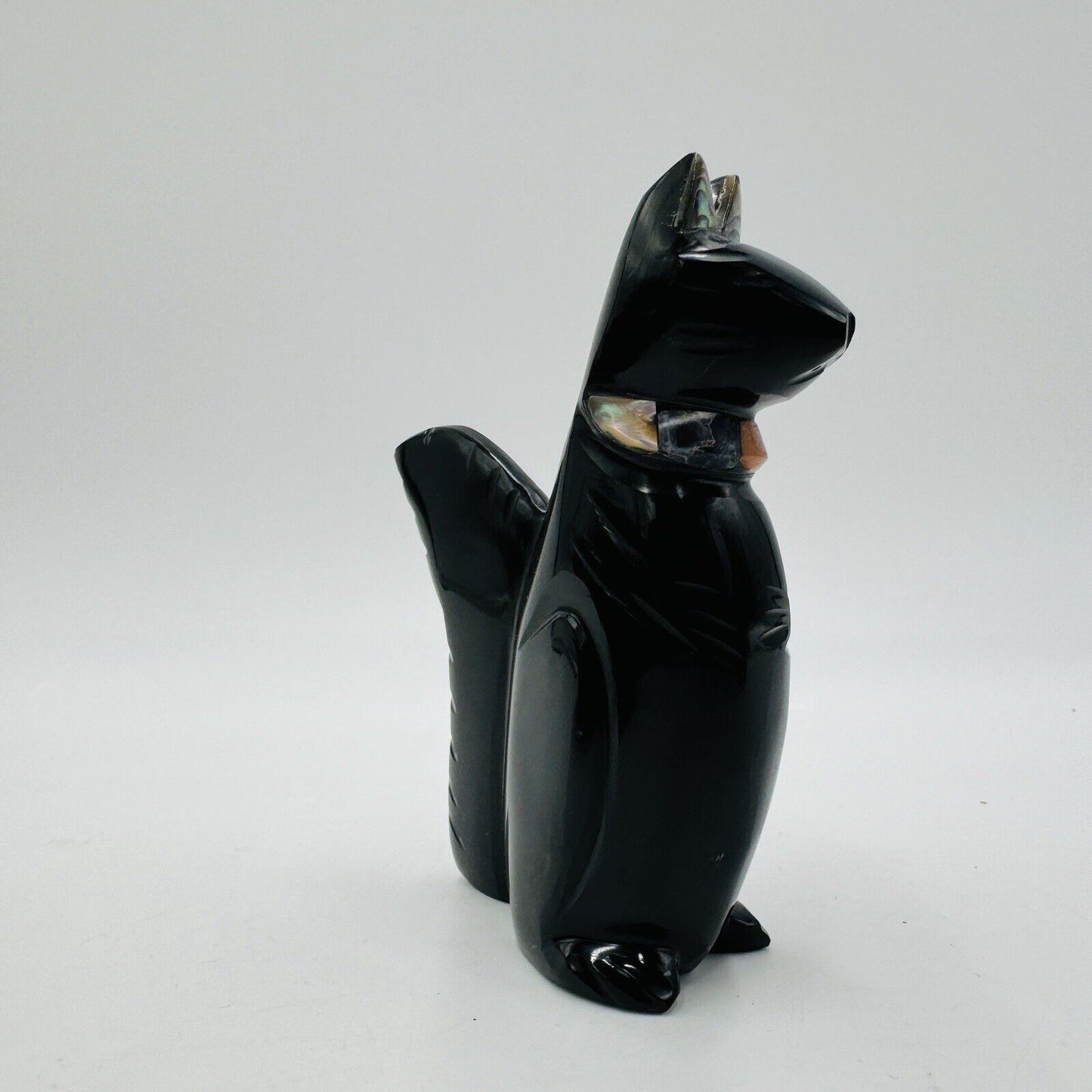 Carved Black Obsidian Cat Figurine Abalone Ears, Gemstone Collar 3.5in Signed