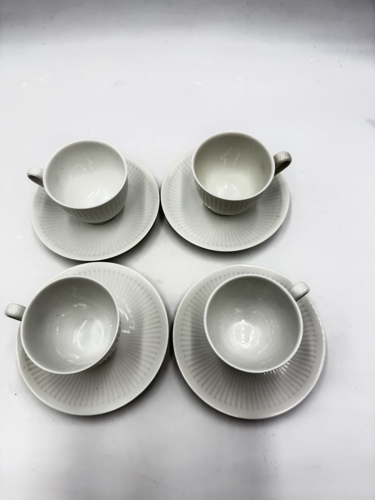Royal Copenhagen Denmark White Georgiana Flat Demitasse Cups & Saucers 4 Sets
