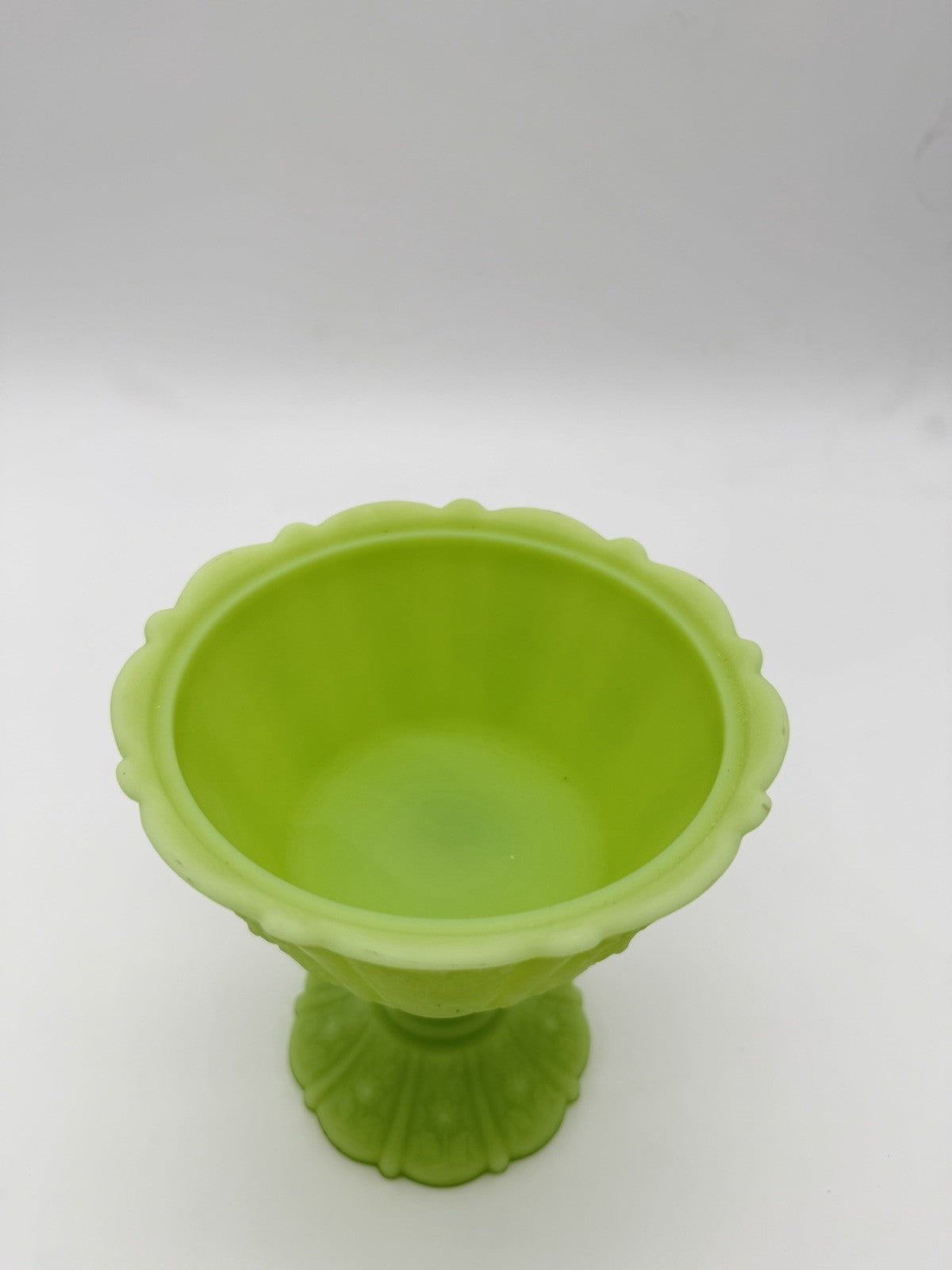 Fenton Art Glass Lime Green Satin Custard Compote Candy Dish Daisy Uranium 9”