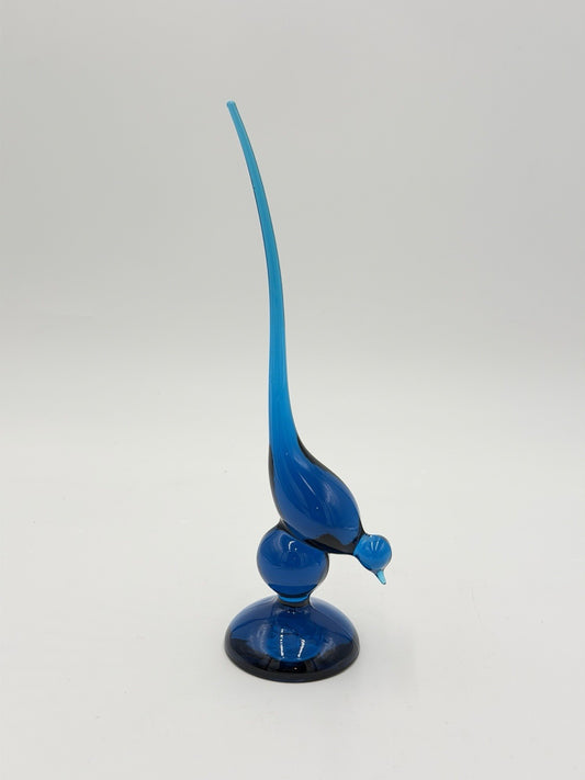 Viking Art Glass Epic Long Tail Bird Blue Bluenique 10”H MCM Vintage