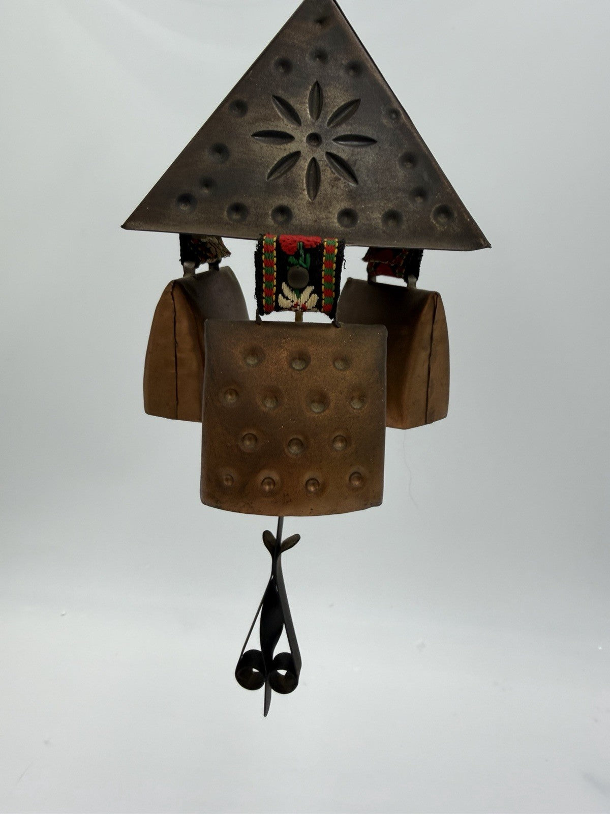 Vintage West Germany Hanging Cowbells Wind Chime 12” 3 Bells Rustic Copper