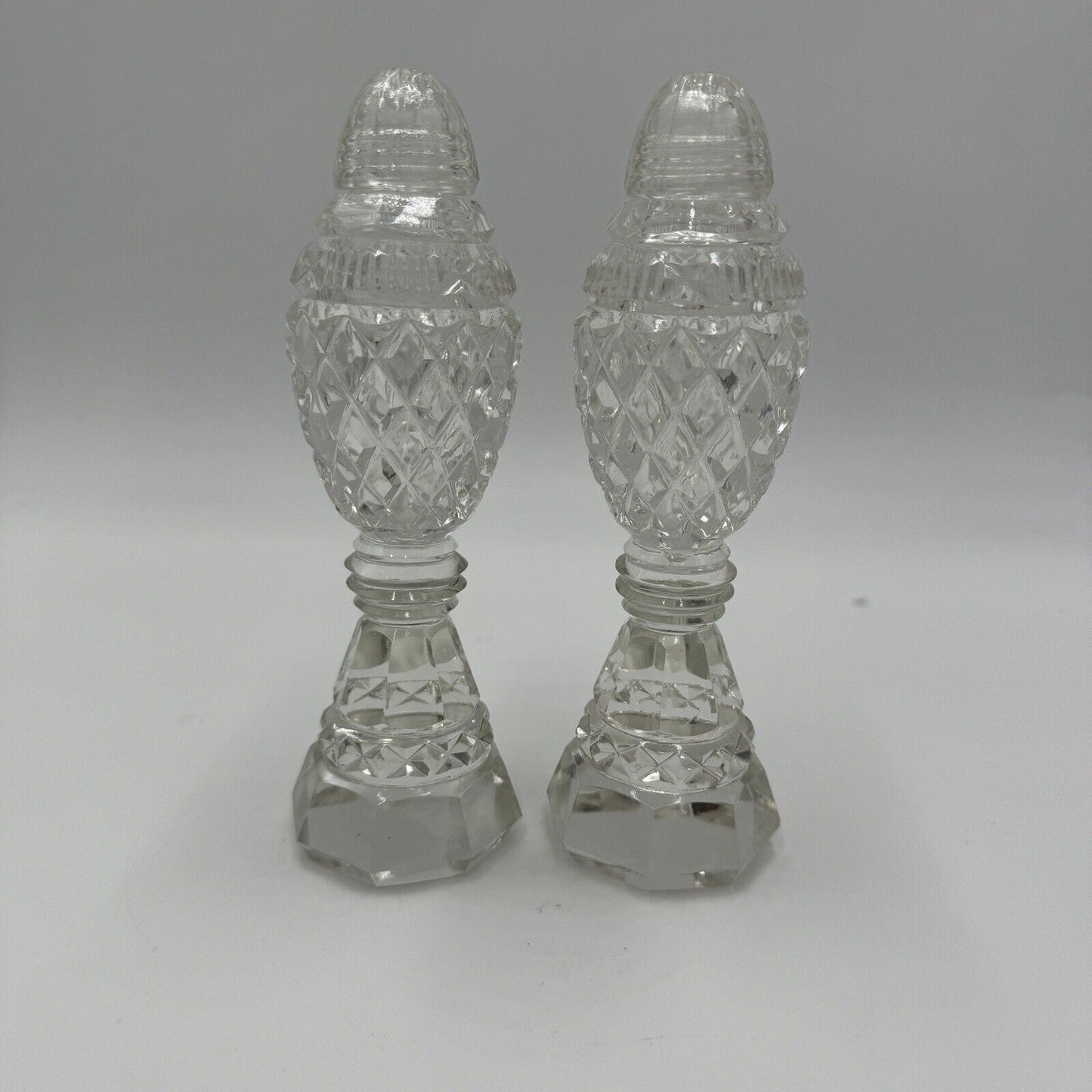 Antique Bohemian Czech Cut Glass Pedestal Salt & Pepper Shakers 6in H