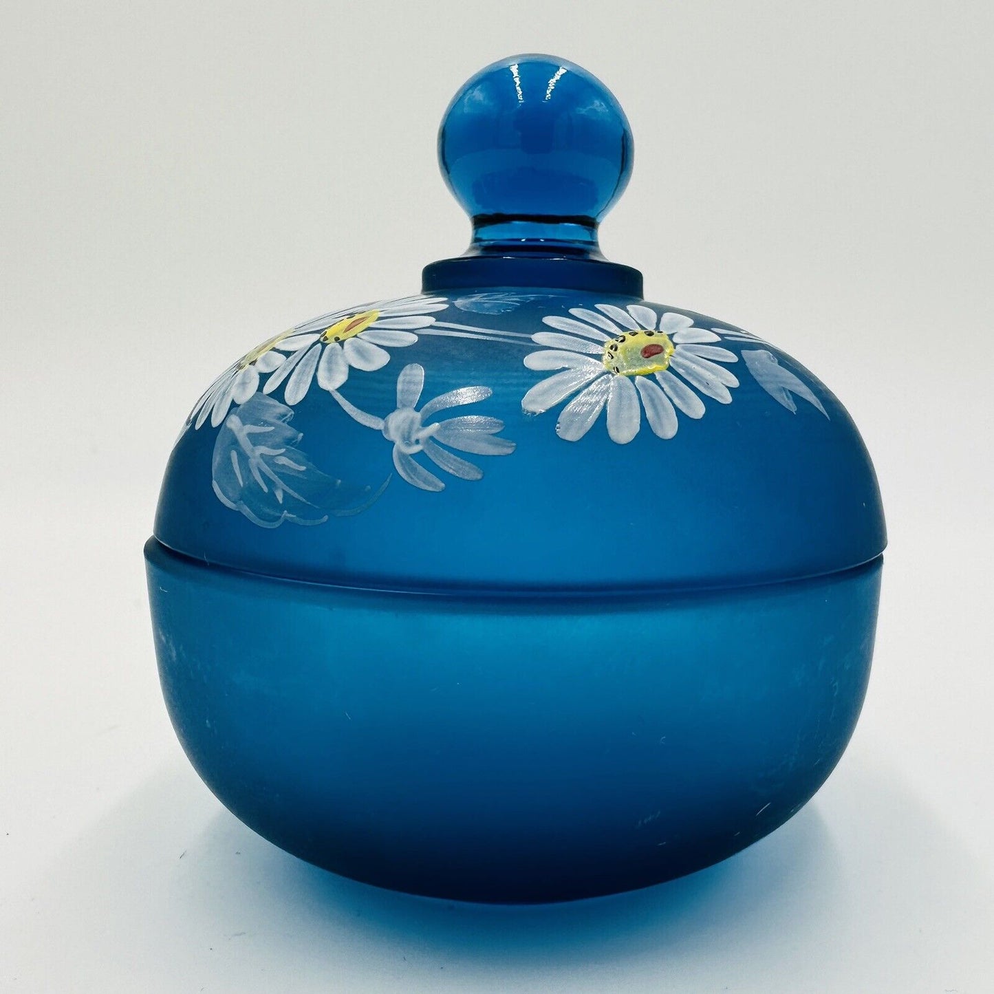 Westmoreland Vanity Dish Blue Satin Glass Lidded Trinket Hand Painted Daisies