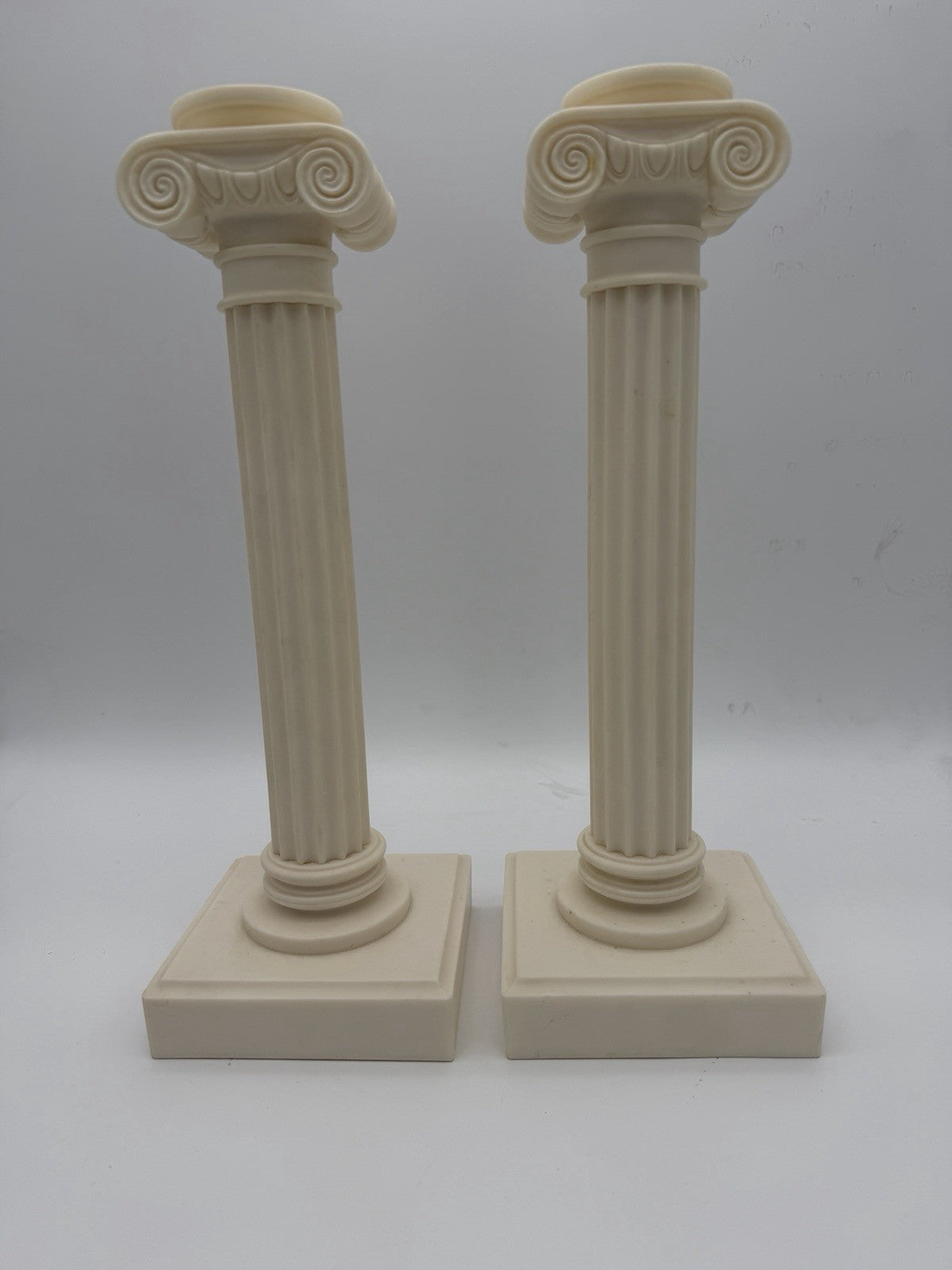 2 Alabaster Carved Roman Columns Corinthian  Sculpture Candle Holders 15.5”x5”