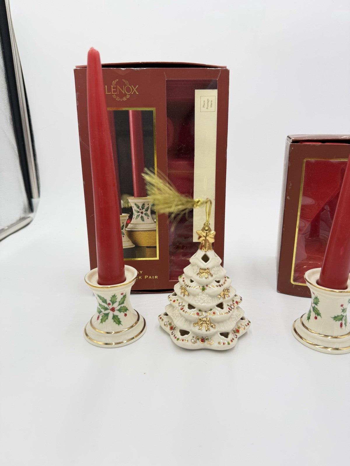 Lenox USA Porcelain Holiday Tapers Candlesticks & Bejeweled Tree Ornament