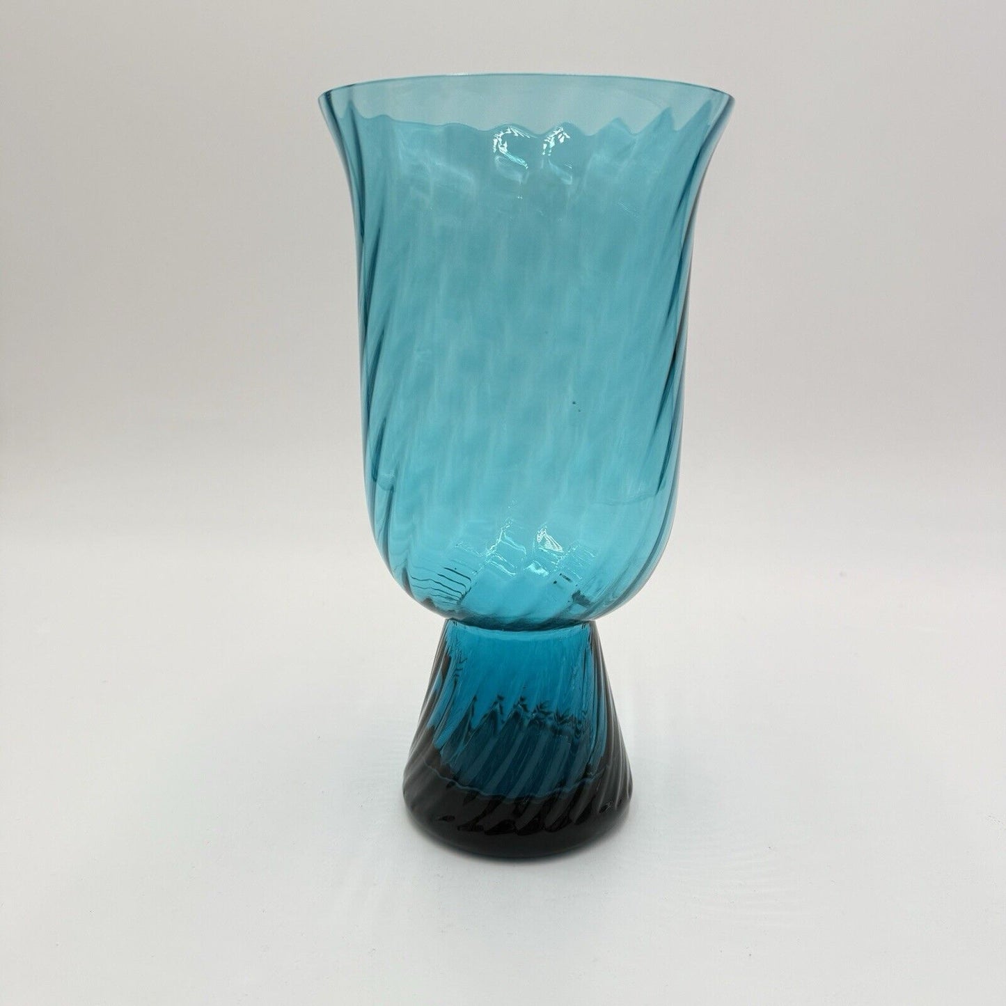 MCM Empoli Italian Handblown Art Glass Swirl Optic Teal Pedestal Vase 8.5"