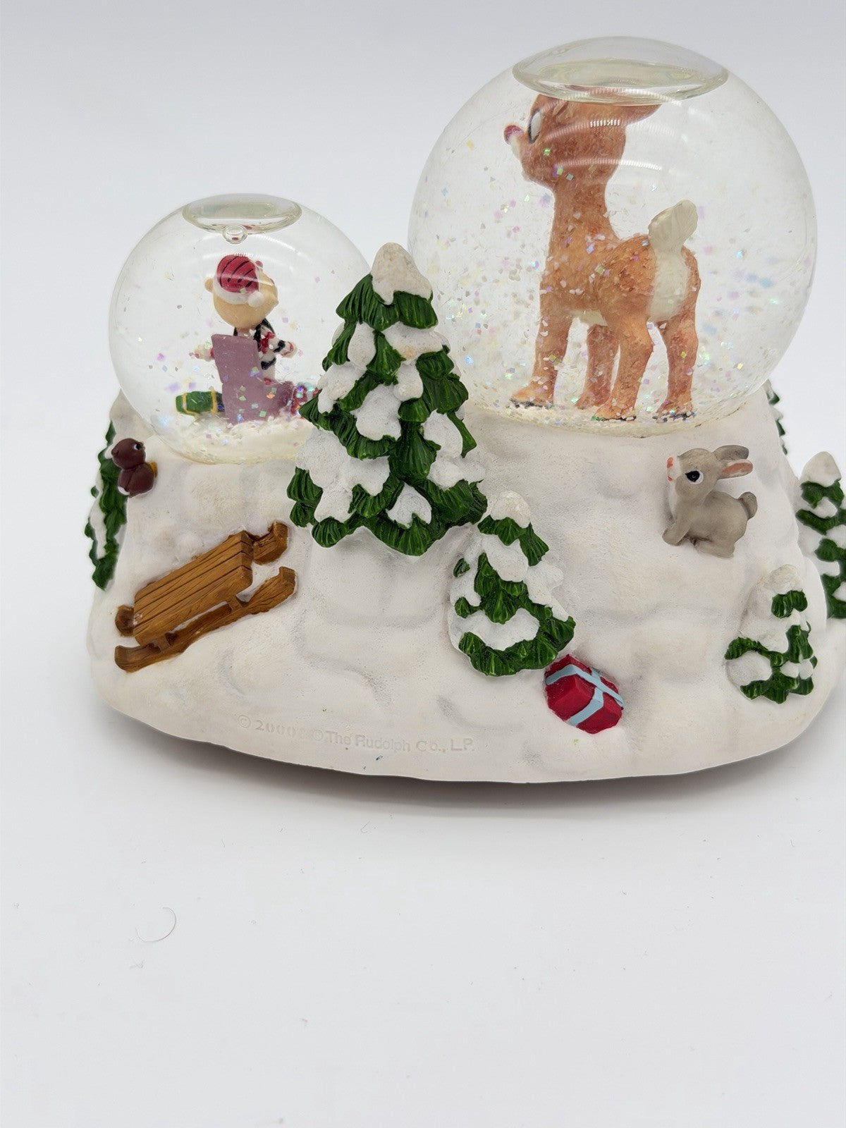 Rare Rudolph Red Nosed Reindeer & Charlie In the Box Musical Double Snowglobe