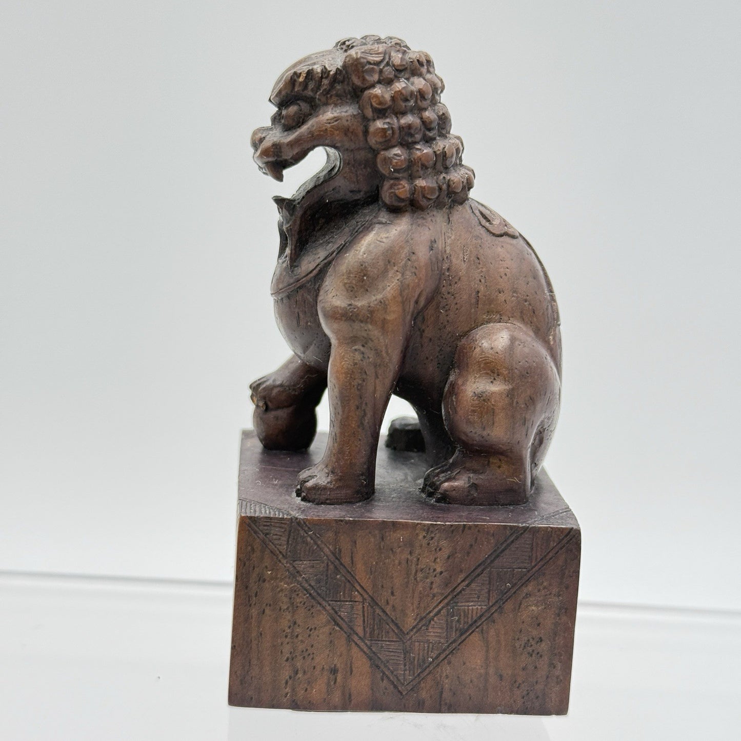 Foo Lion Chinese Hand Carved Wooden Figurine Solid 3.5in Vintage