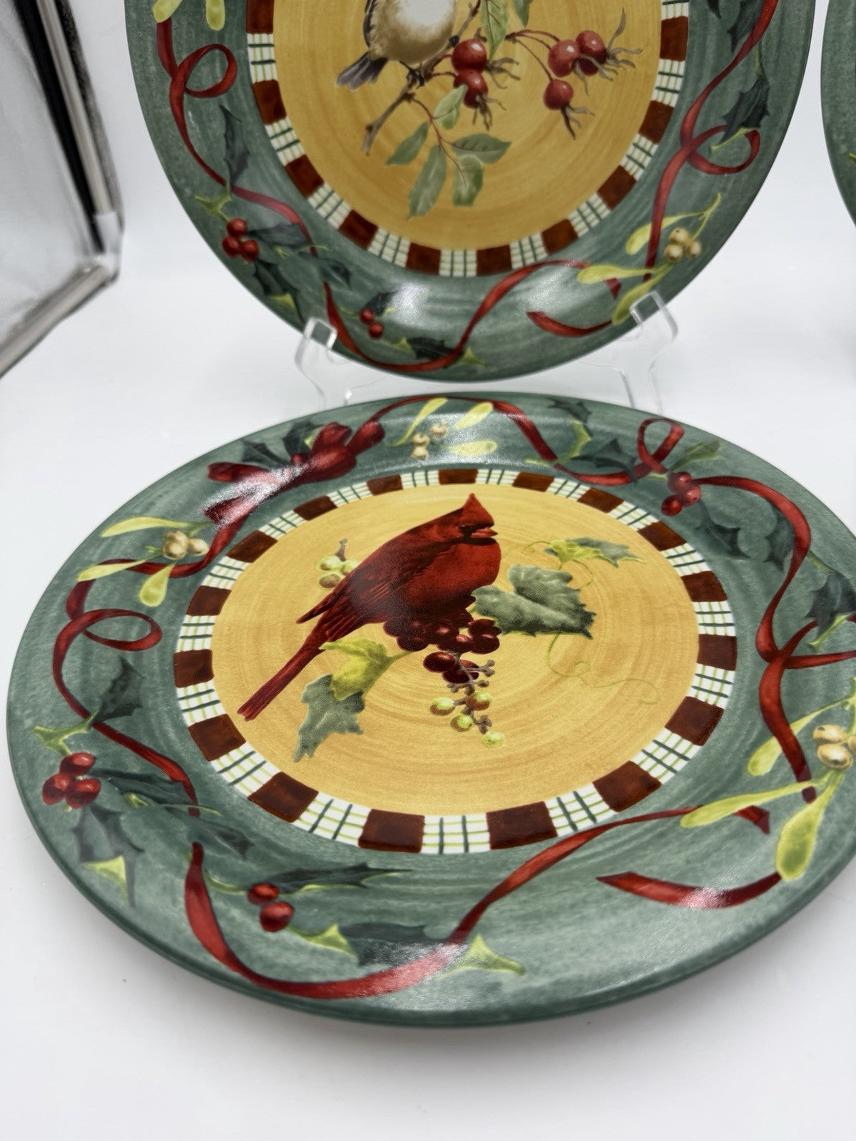 Lenox Porcelain Winter Greetings Everyday Dinner Plates Cardinal Chickadee Set 4