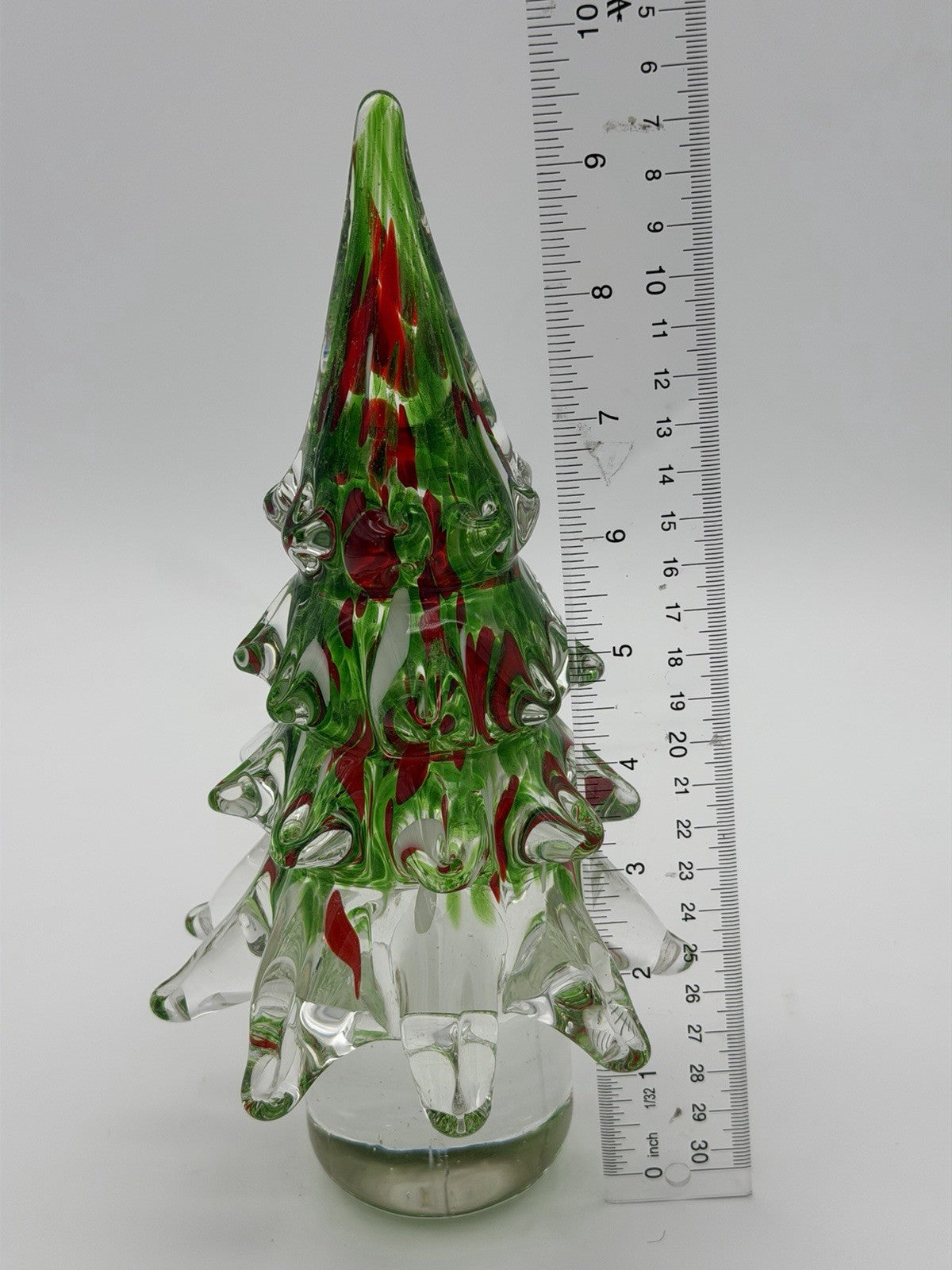 Vtg Hand Blown Art Glass Christmas Tree 9.5”H Green & Red Paperweight Figurine