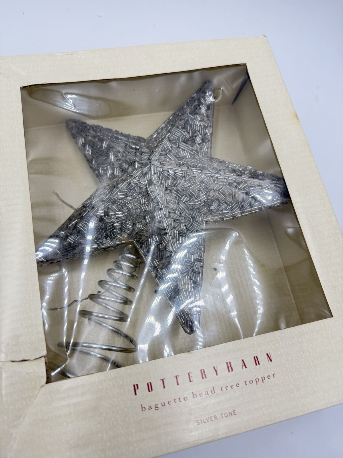 Pottery Barn Baguette Bead Tree Topper Silver Tone Christmas Star Rare Boxed 10”