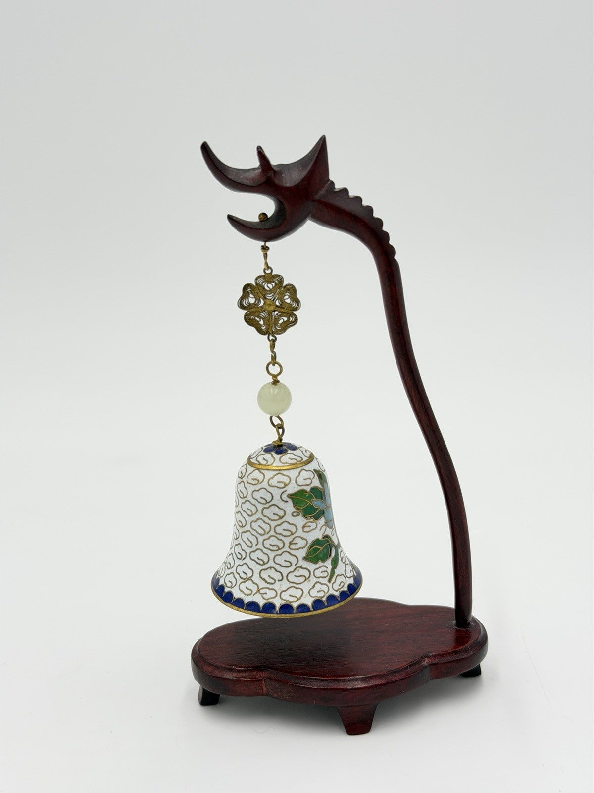 Vtg Chinese Cloisonne Enameled Bell Hanging On Wood Stand 5.75"H White Gold
