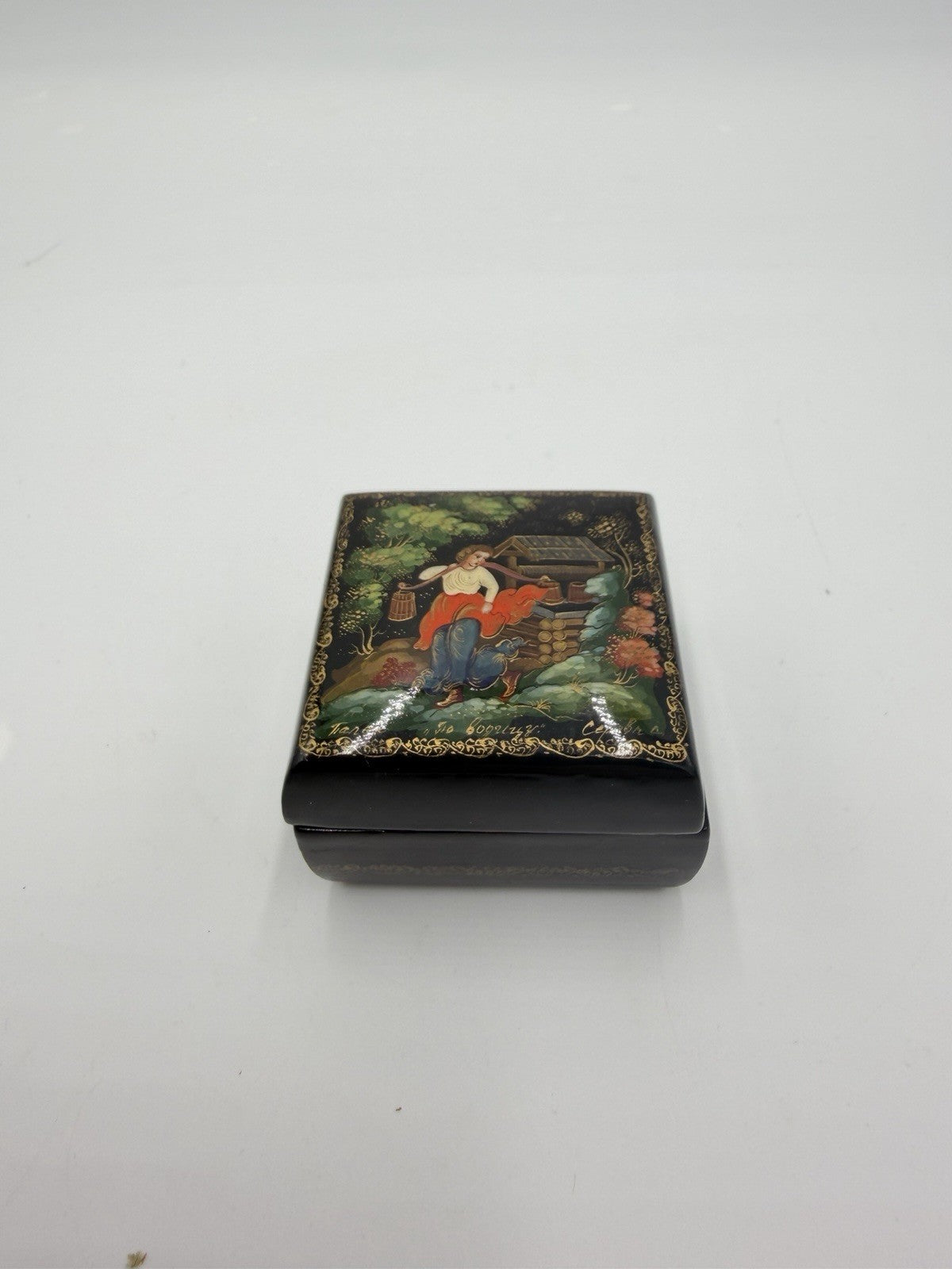Folk Art Russian Wood Lacquer Box 80s Handpainted Fairy Tale Woman in the Well