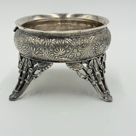 Antique Racine.SP. CO Silver Plate Salt Cellar Ornate Four Legs Rare 2.3”x 3.3”