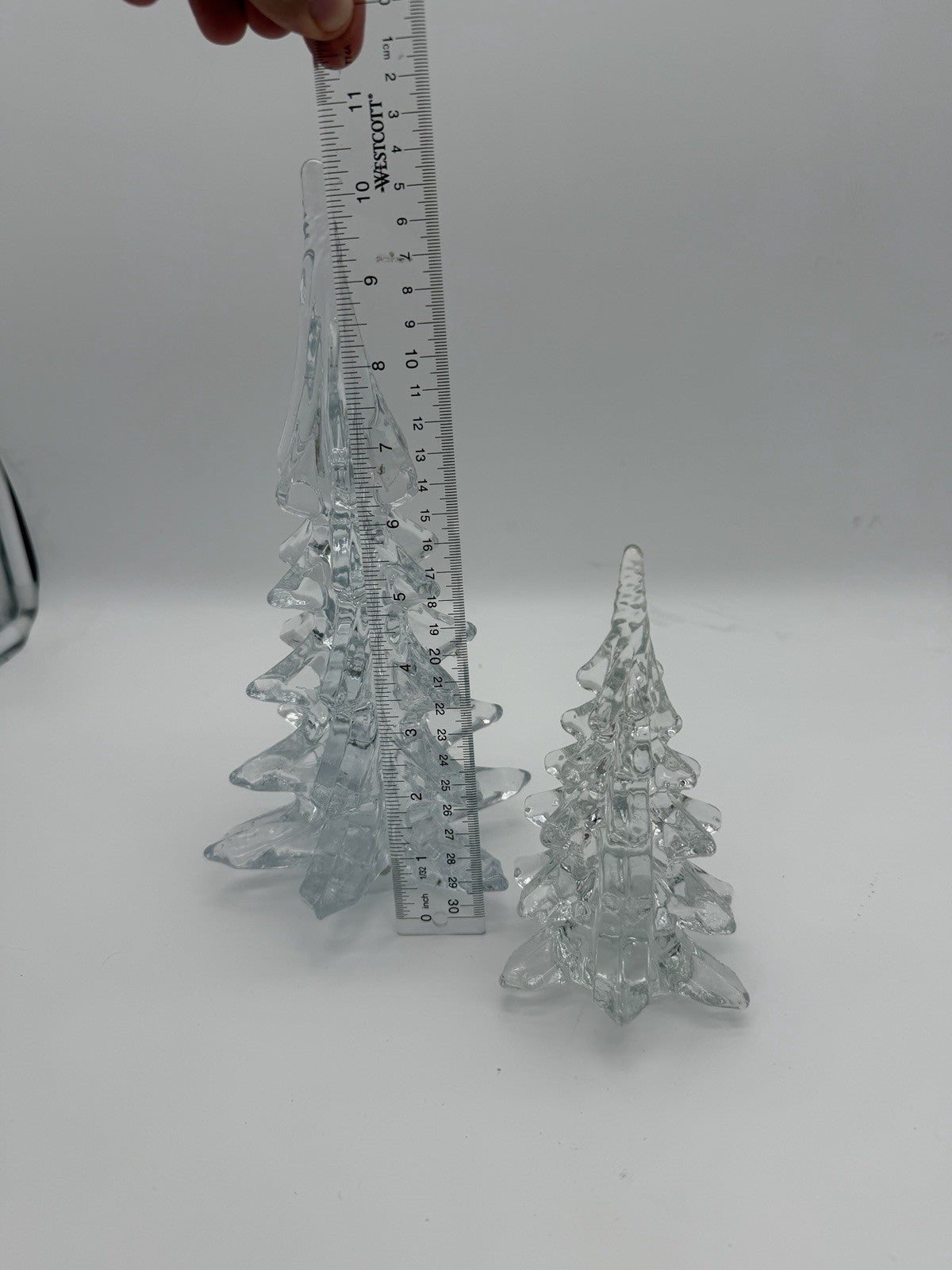 Vintage Silvestri Handcrafted Clear Art Glass Christmas Trees 10.5”&6” Figurines