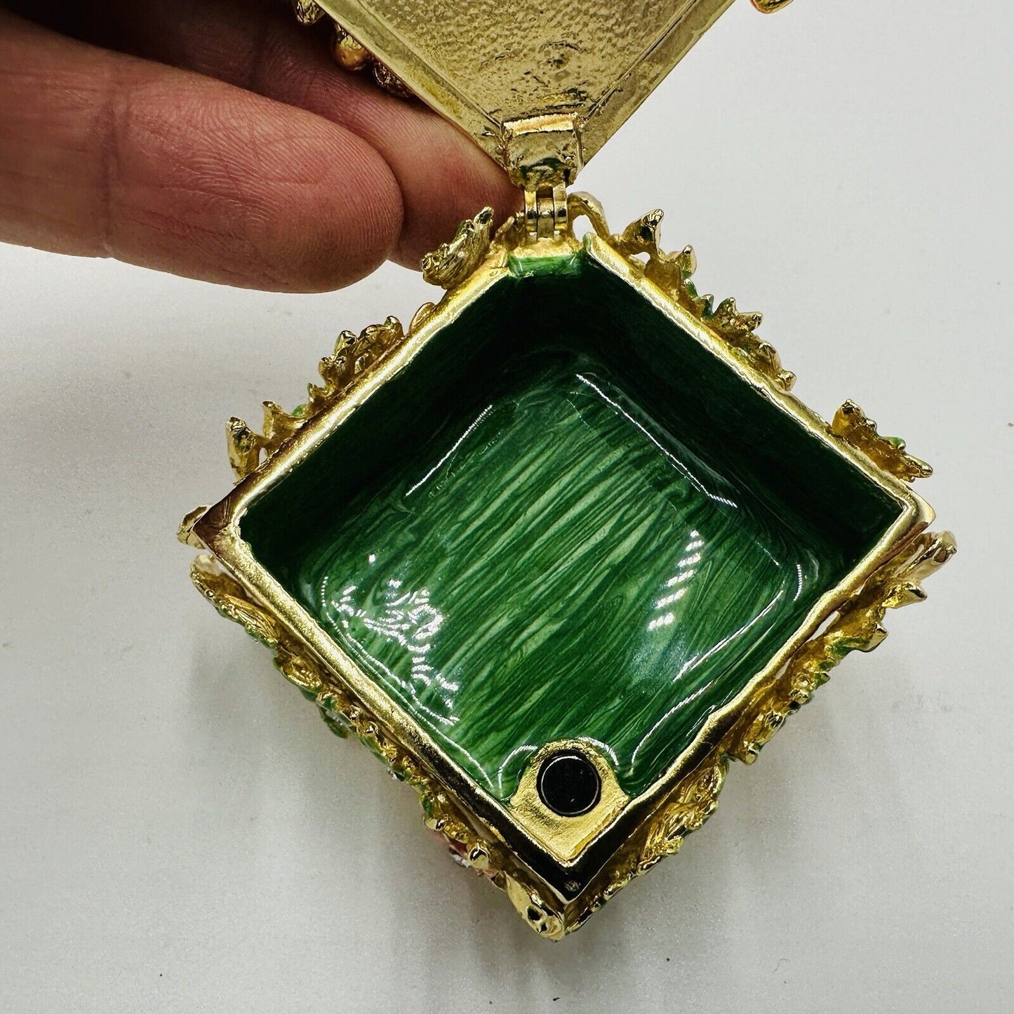 Trinket Box Rhinestone Floral and Green Hand Painted Enamel Interior Miniature