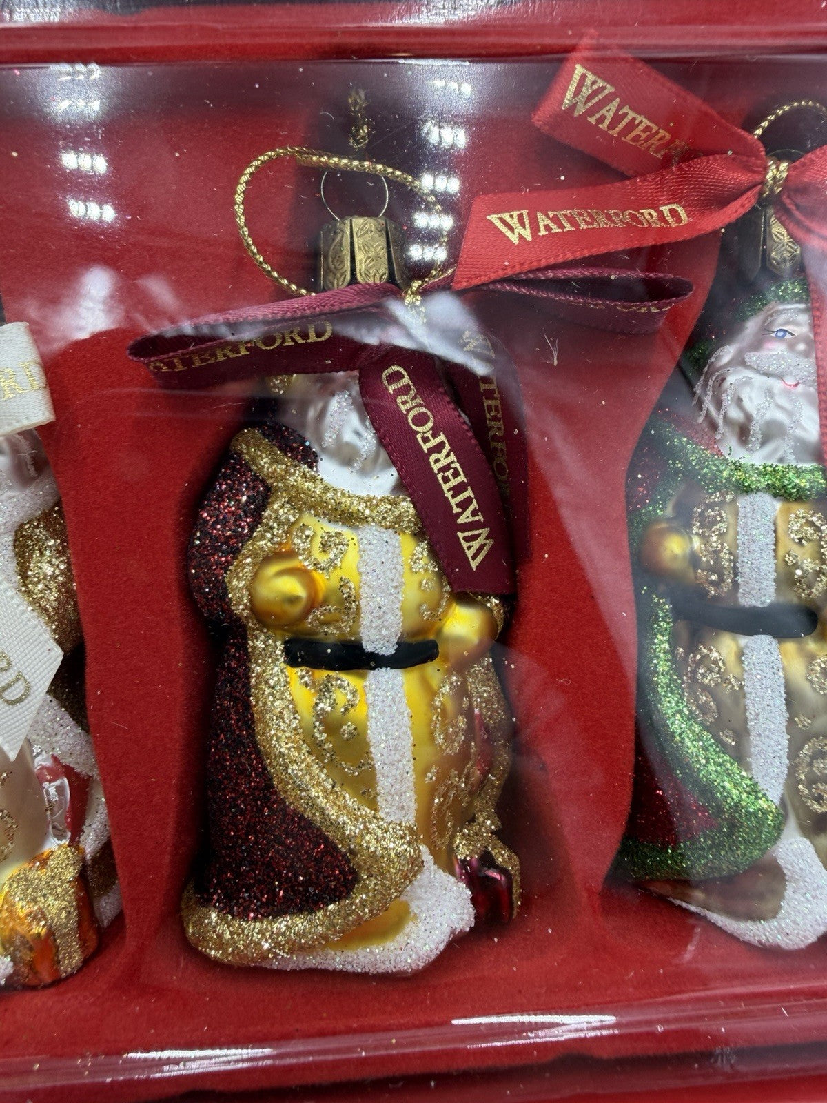 Waterford Holiday Heirlooms Art Glass Santa Christmas Ornaments 3.5”H Set 3 Pcs