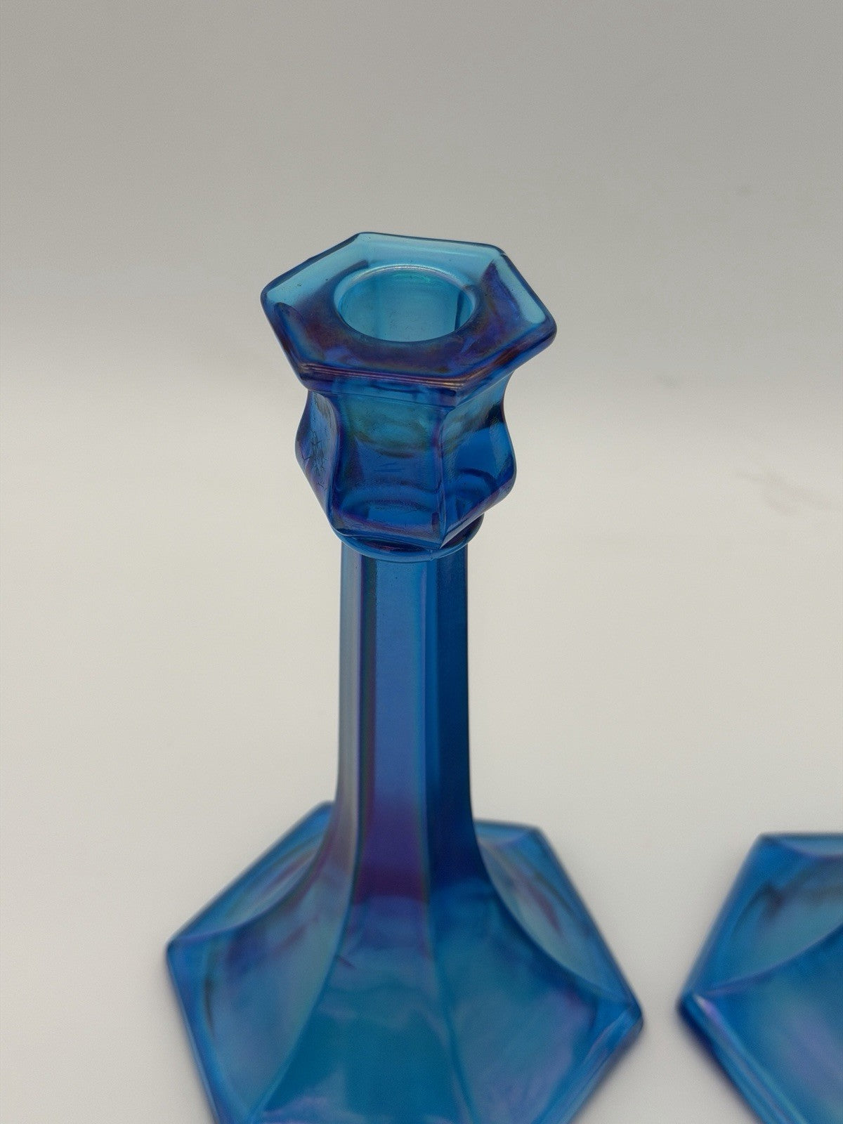 Fenton Florentine Celeste Blue Iridescent Carnival Art Glass Candle Sticks