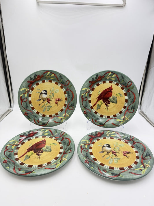 Lenox Porcelain Winter Greetings Everyday Dinner Plates Cardinal Chickadee Set 4