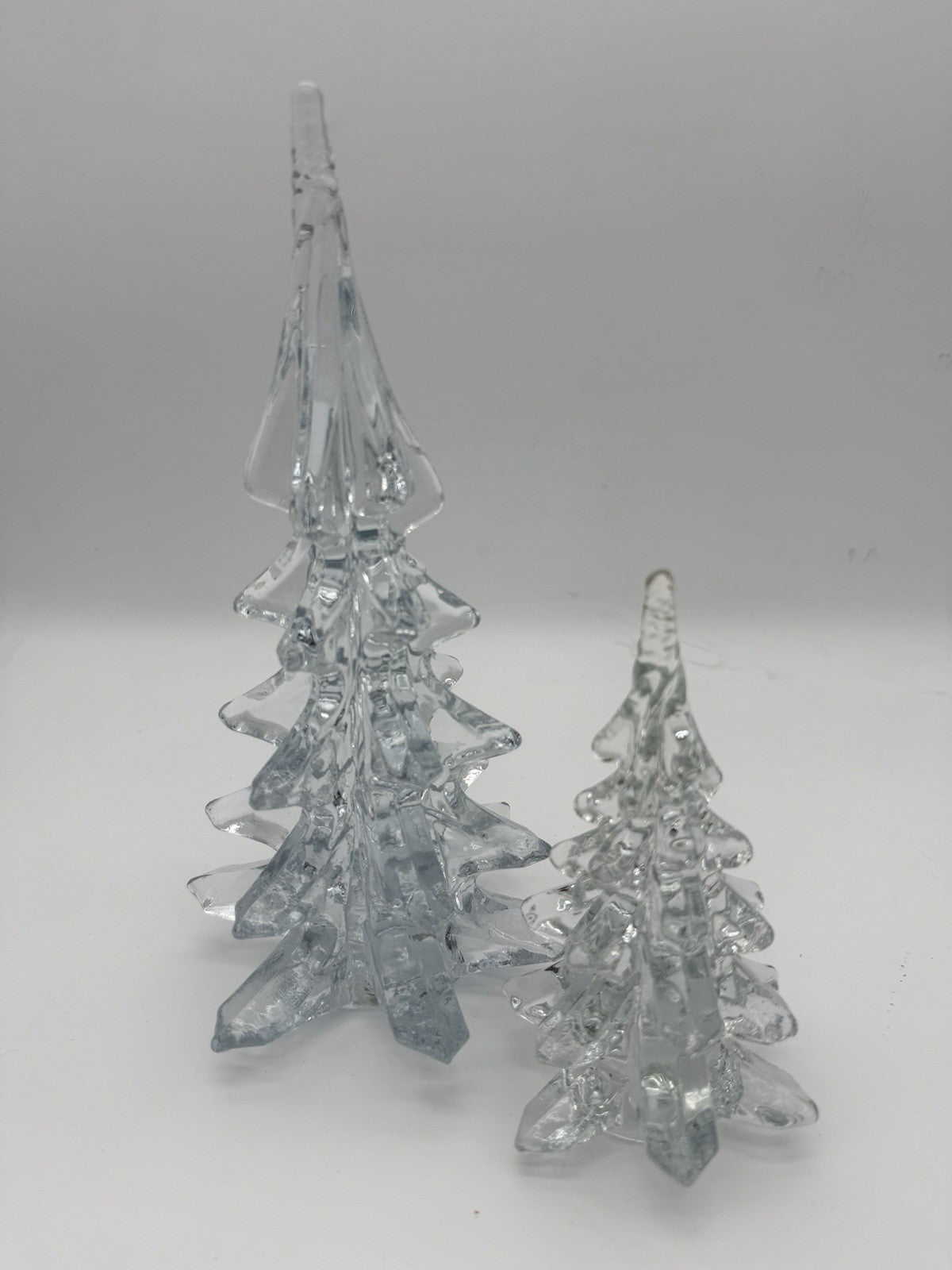 Vintage Silvestri Handcrafted Clear Art Glass Christmas Trees 10.5”&6” Figurines