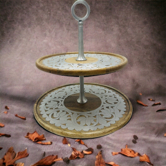 Rajasthan Artisans Cake Stand Brown 2 Tier Wood 17in H Farmhouse Country