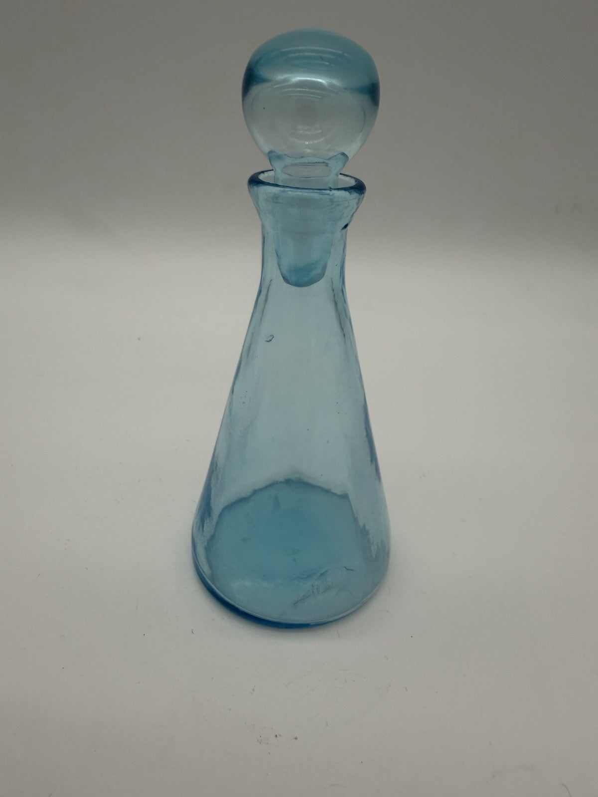 MCM Teal Blue Art Glass Decanter w/Stopper Hand Blown Genie Bottle 6”