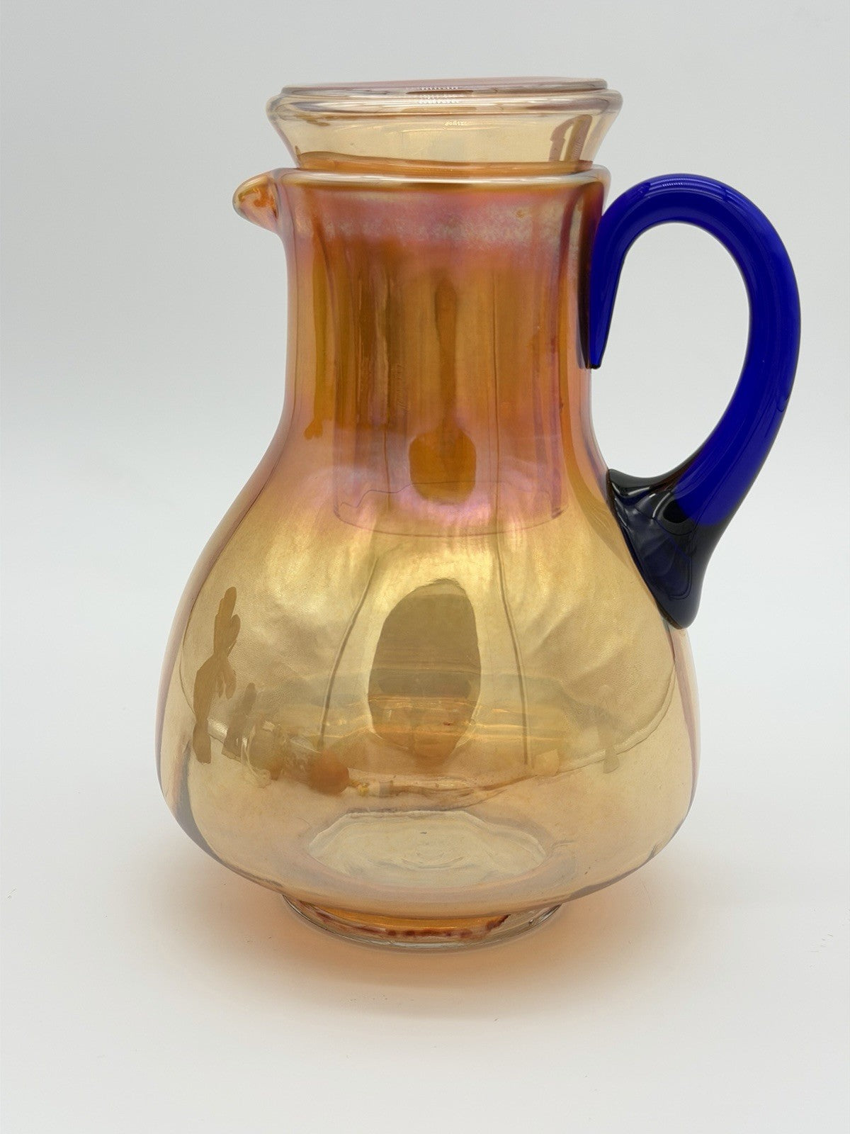 Fenton Art Glass Guest Tumble Up carnival pitcher marigold cobalt blue handle