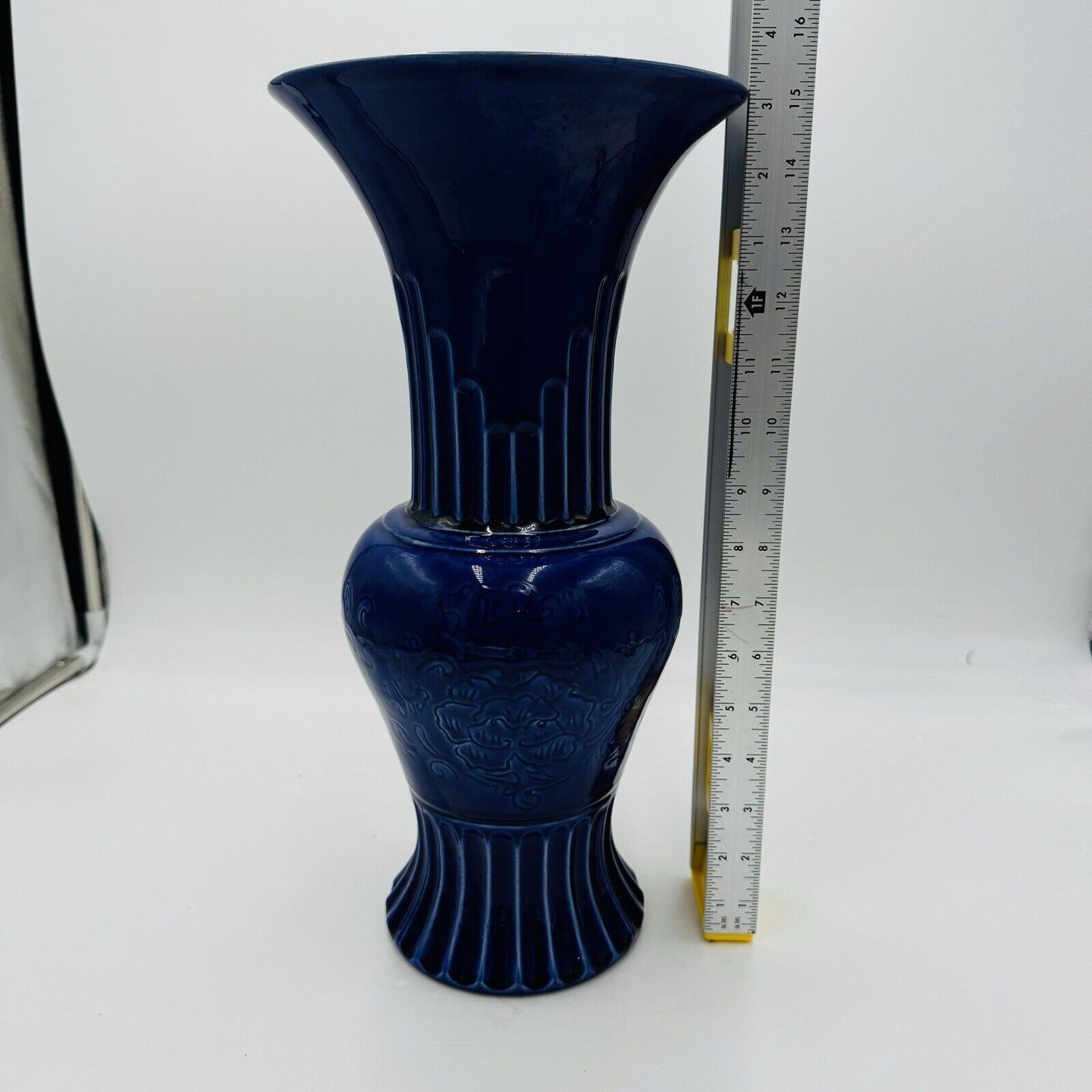 Hyalyn Pottery Vase 15in Cobalt Blue Floral Etched USA #571 MCM Large Standing