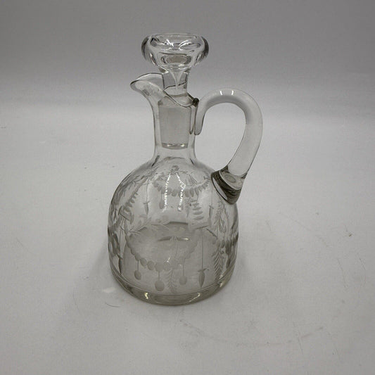 Antique Hawkes Etched Oil & Vinegar pitcher W/ Glass Stopper Rare Signed 5.5”