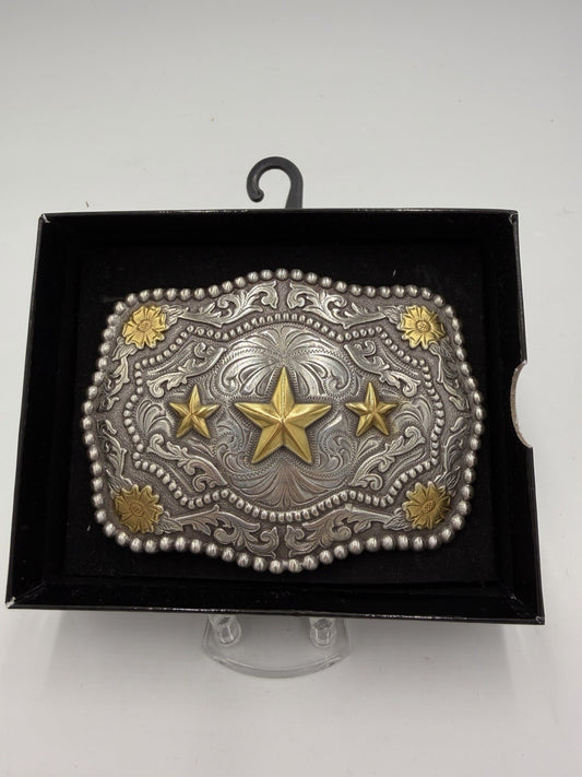 Cody James Silver & Gold Tone Belt Buckle 3 Star Rodeo Belt Buckle NIB