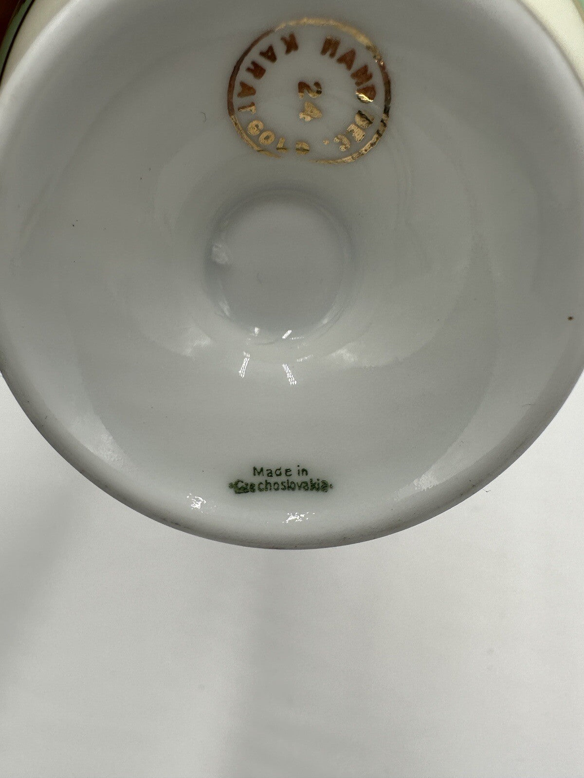 Czchoslovakia Bohemia Teacup Footed 24K Gold Encrusted Green Serveware Porcelain