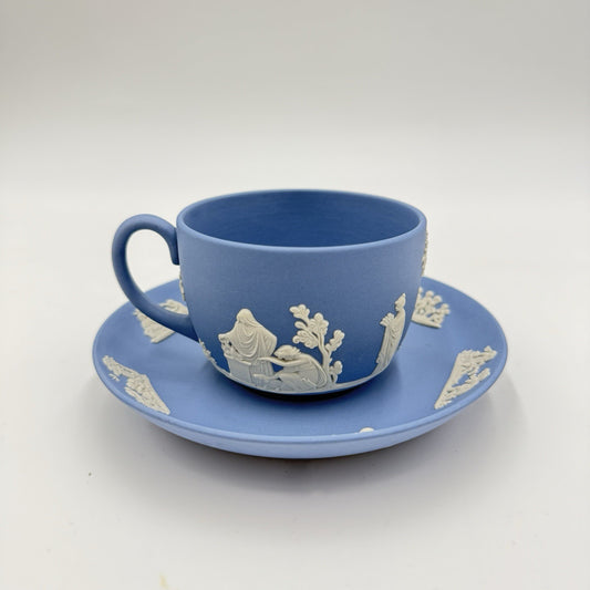 Wedgwood England Blue Jasper Ware Teacup & Saucer Greek Scene Cherub