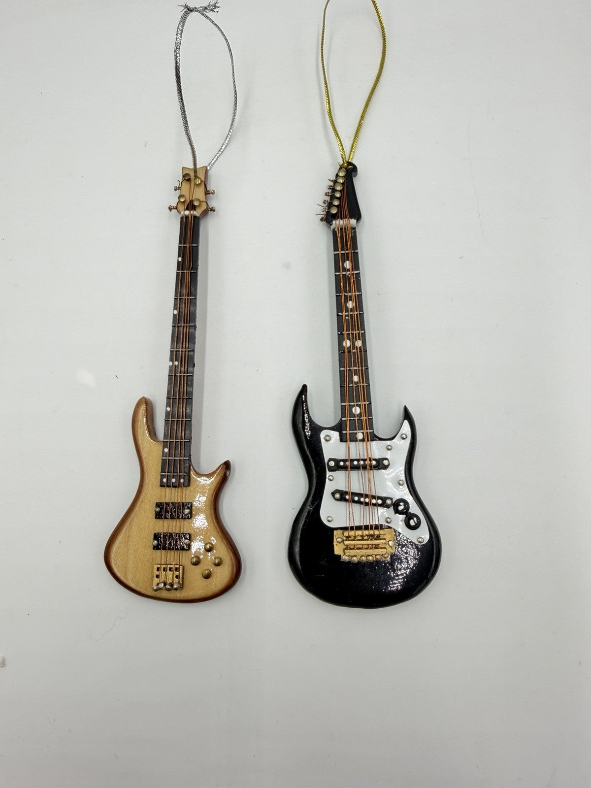 Folk Art Wooden Miniature Electric Guitar & Bass Christmas Ornaments 5”