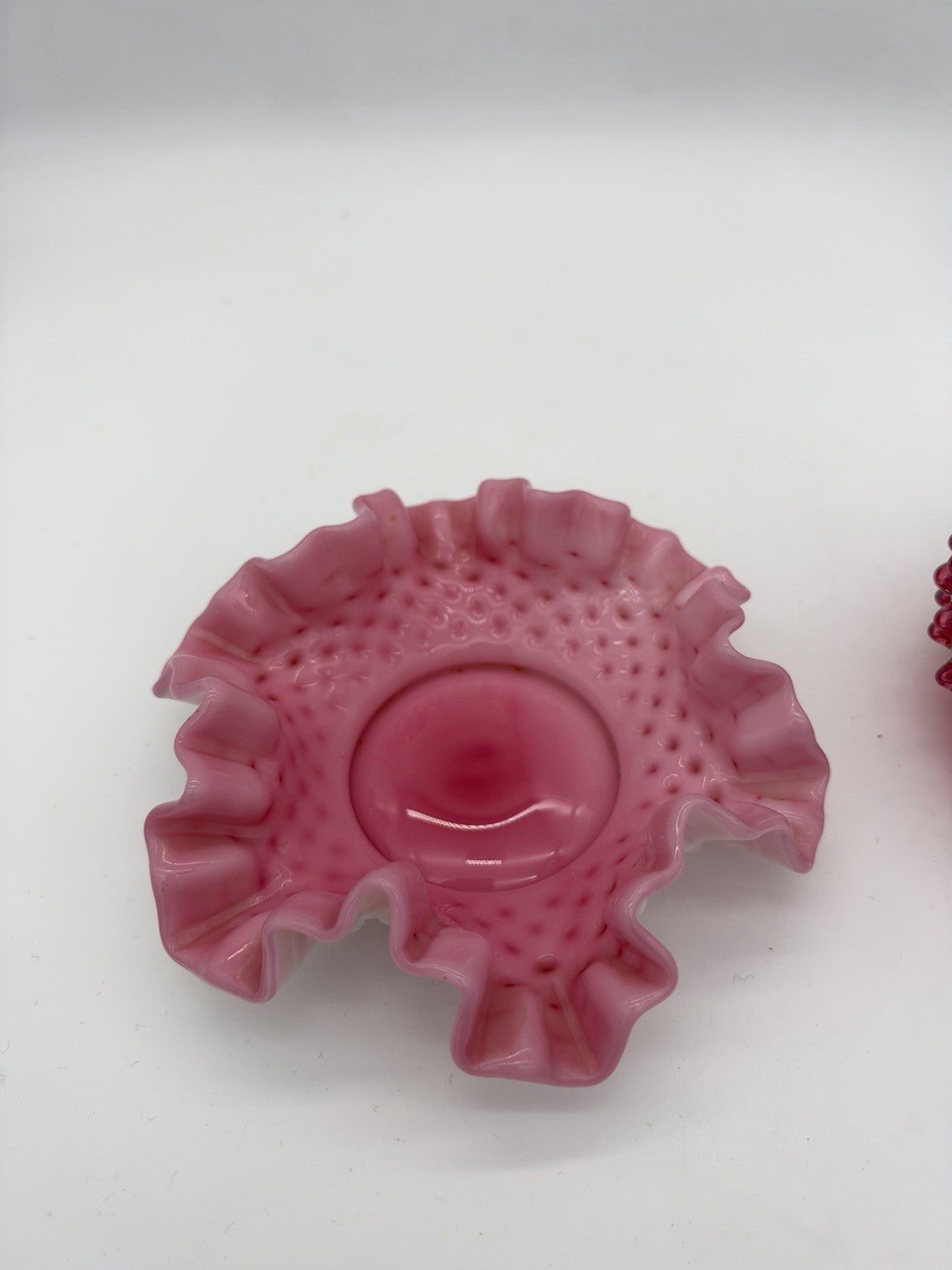 Vtg Fenton Art Glass Cranberry Opalescent Hobnail Ruffled Bowl & Pitcher
