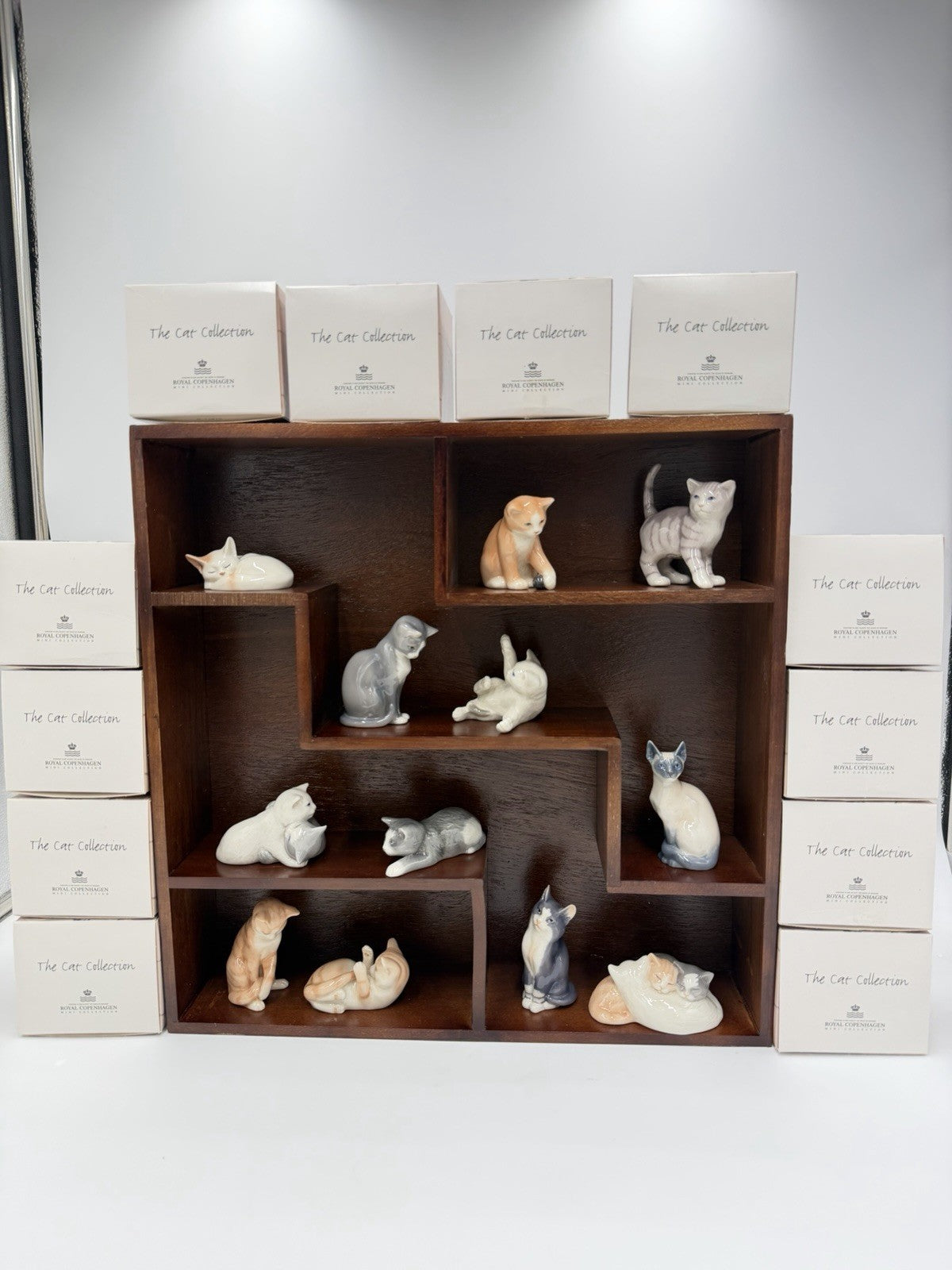 Royal Copenhagen Denmark Porcelain Cat Collection Mini Figurines Wood Shelf
