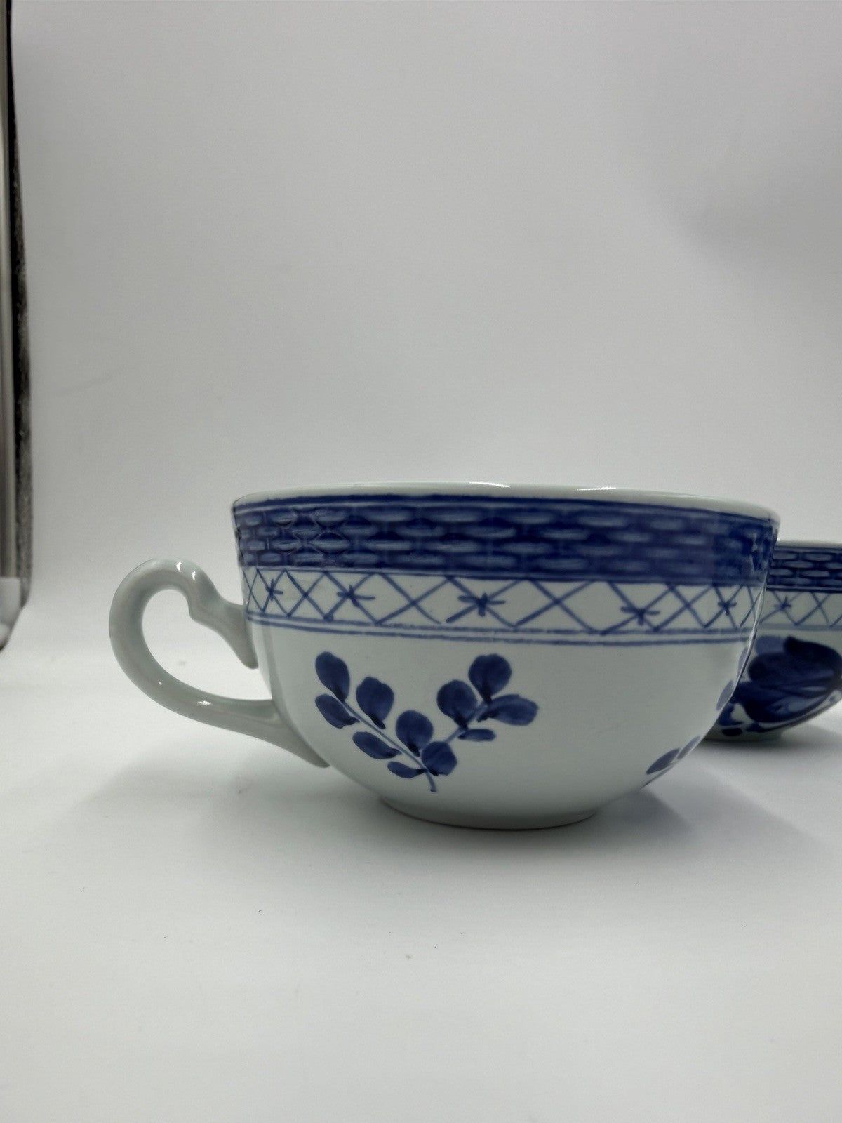 Royal Copenhagen Tranquebar Lattice Band Blue Tea Cup Set #957 Denmark Porcelain